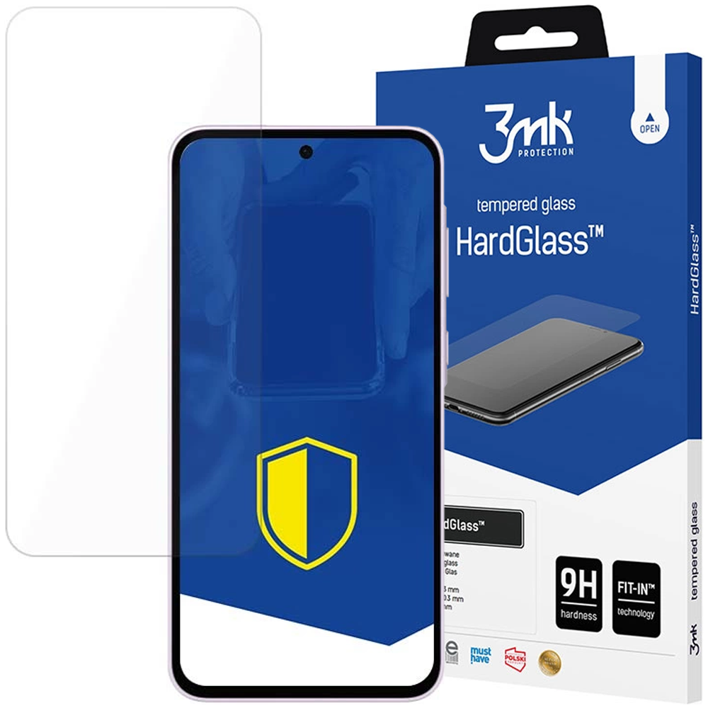 Un proteggi schermo e una scatola. La scatola dice 'HardGlass'. Il telefono è al centro, il proteggi schermo a sinistra.