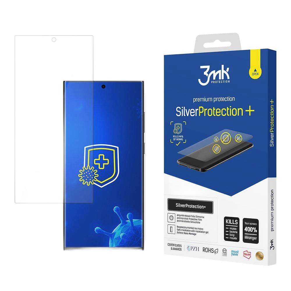 Ochraniacz ekranu telefonu i pudełko. Pudełko mówi SilverProtection+ i Zabija 99% zarazków. Telefon po lewej stronie.