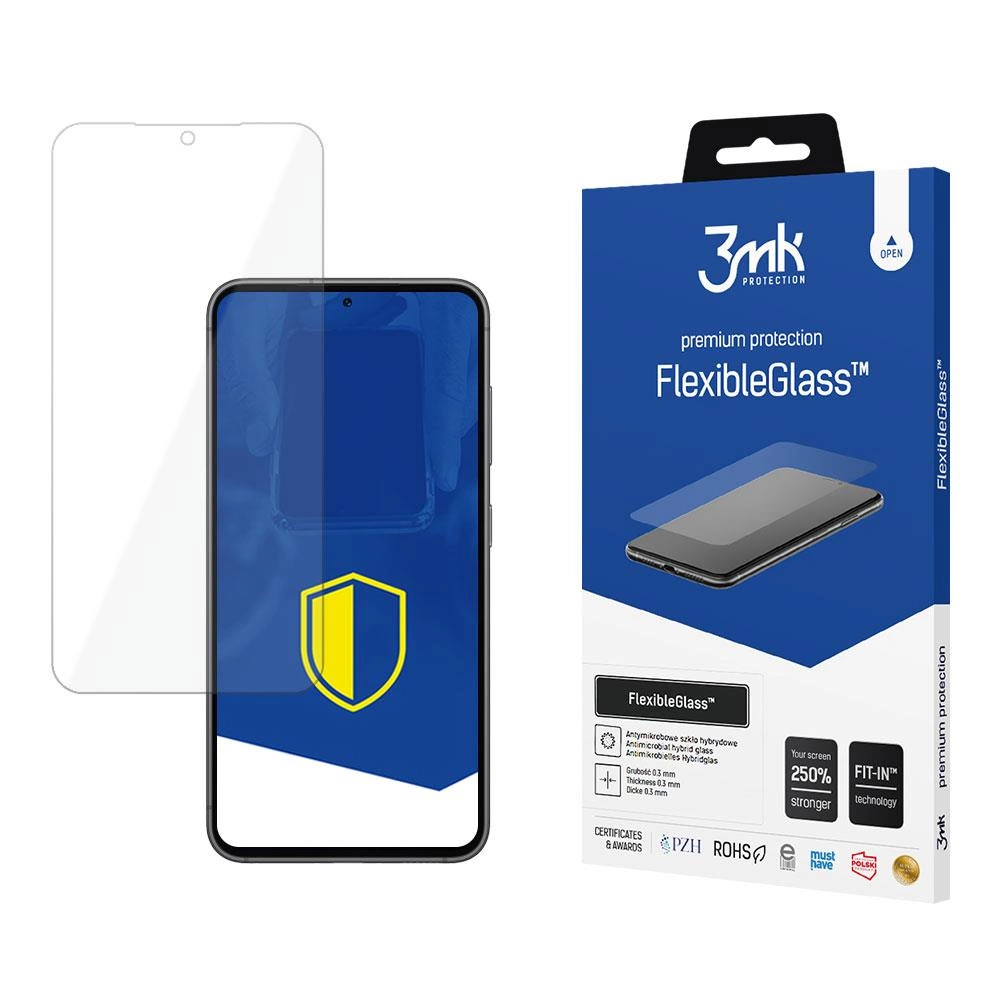 Un proteggi schermo e una scatola del prodotto, blu e bianca, con il marchio '3mk FlexibleGlass'.