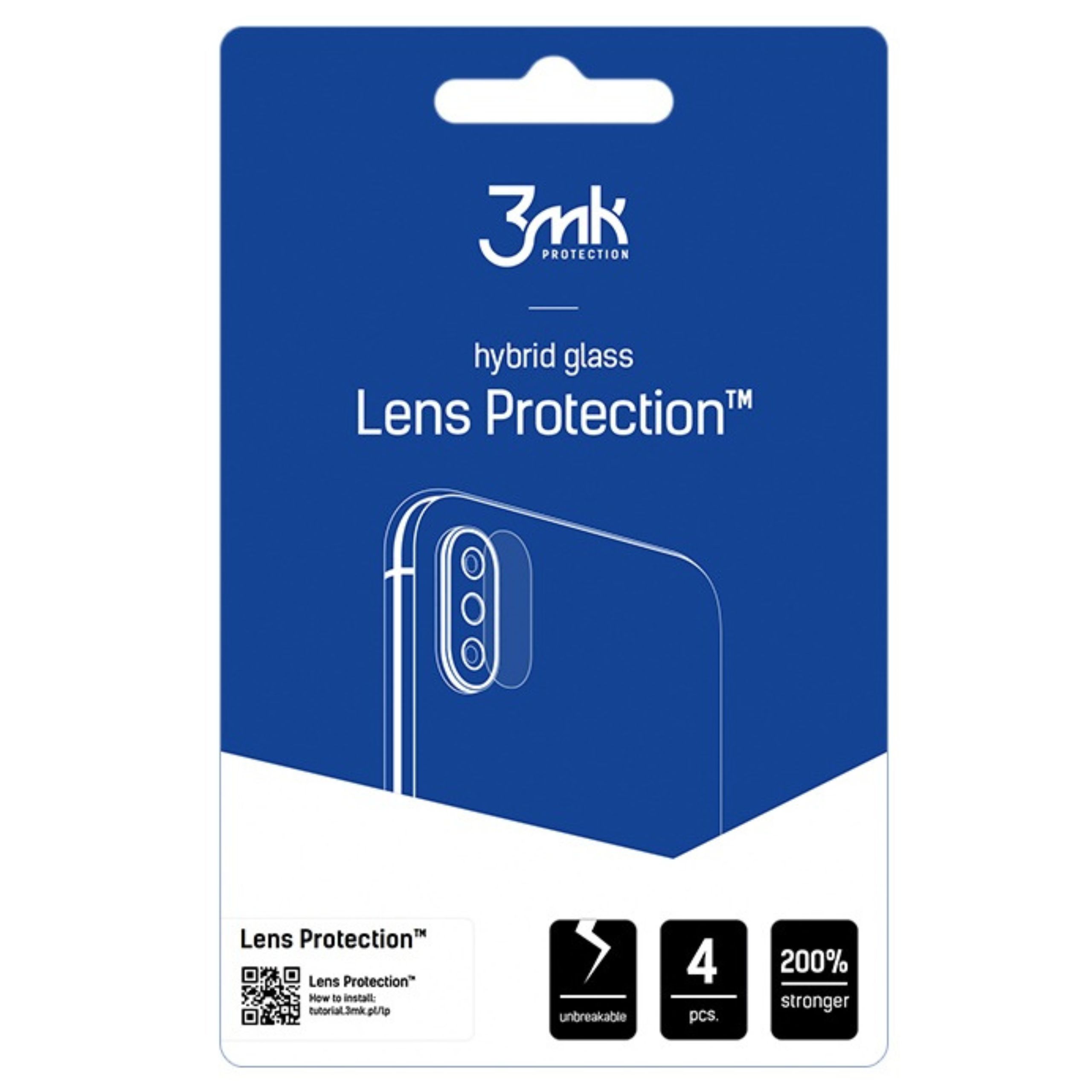 Niebieskie opakowanie z napisem Lens Protection i obrazem telefonu. Jest napis: nietłukące, 4 sztuki i 200% mocniejsze.