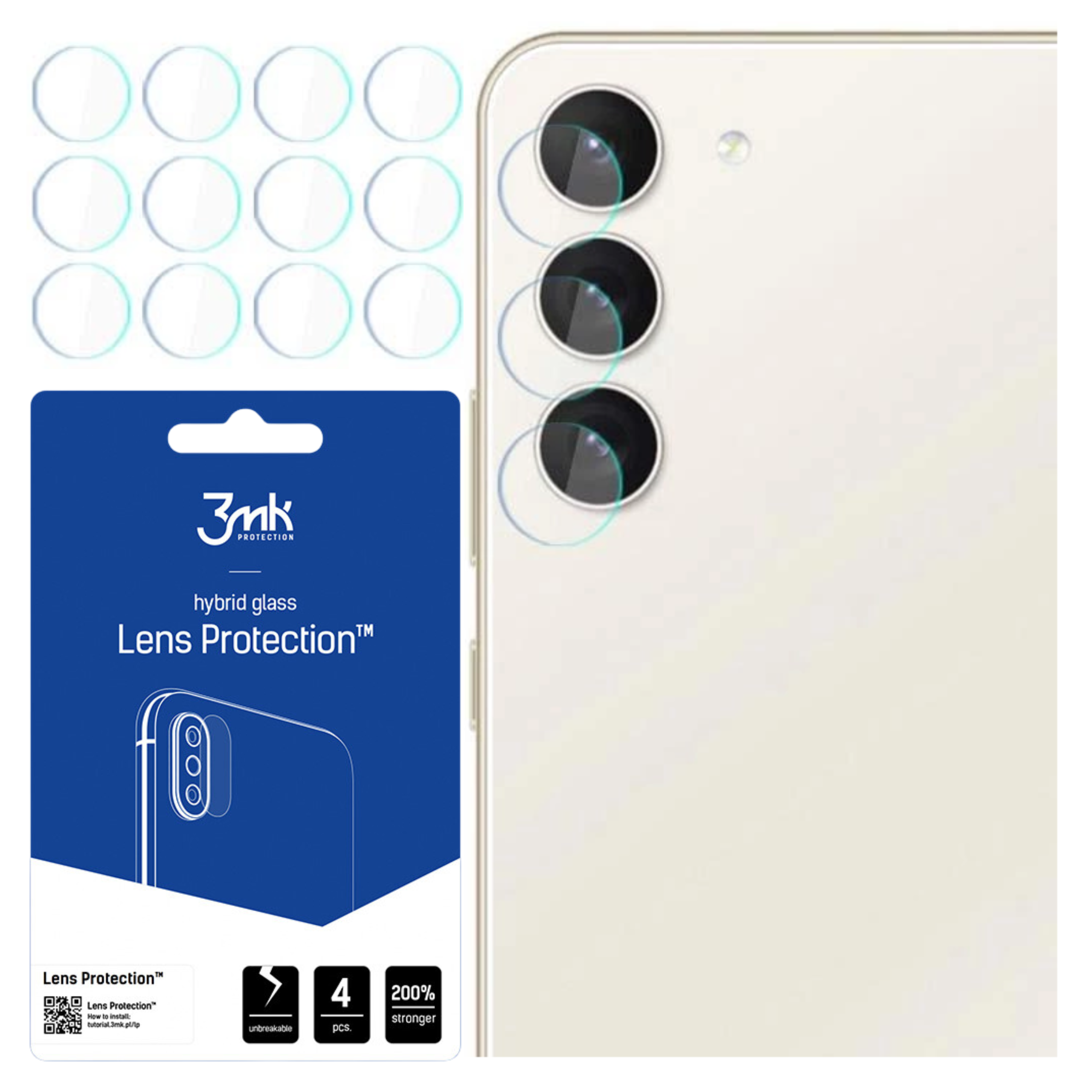 L'immagine mostra protezioni per lenti del telefono, confezione e un telefono. Le protezioni sono trasparenti, la confezione è blu.