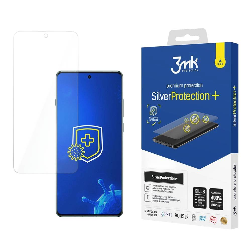 Ochraniacz ekranu i pudełko. Na pudełku napis SilverProtection+ i ZABIJA 99% zarazków. Widoczny jest telefon.