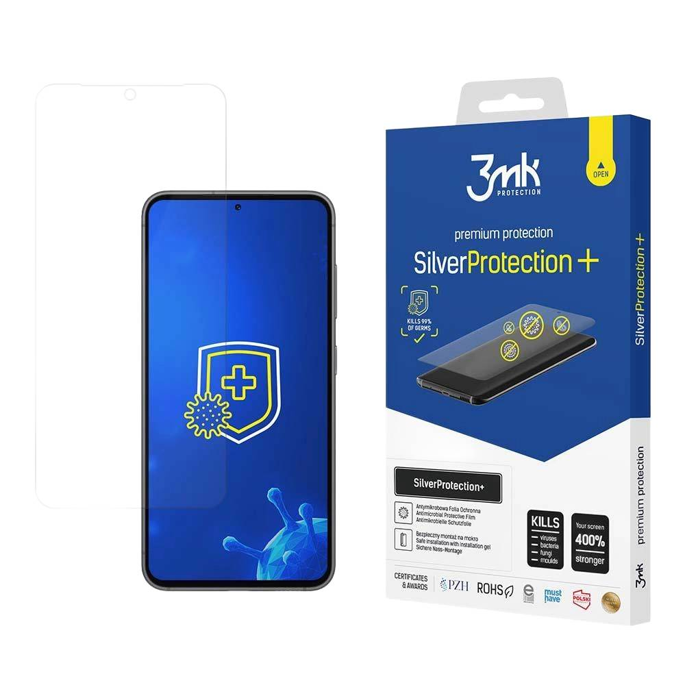 Pudełko ochronne na ekran telefonu. Zawiera napis Silver Protection+ i zabija 99% zarazków. Pokazany jest telefon i ochrona ekranu.