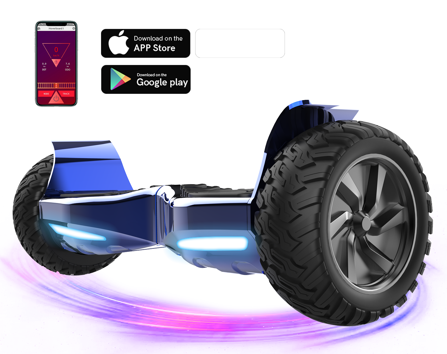 Ein blaues Hoverboard mit großen schwarzen Reifen. Ein Telefon zeigt die Geschwindigkeit. Download-Symbole für Apps befinden sich über dem Hoverboard.