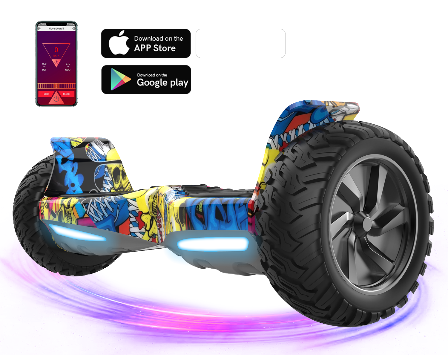Ein buntes Hoverboard mit großen Rädern. Ein Telefon zeigt Geschwindigkeit und App-Download-Symbole sind sichtbar. Das Board hat ein Totenkopf-Design.