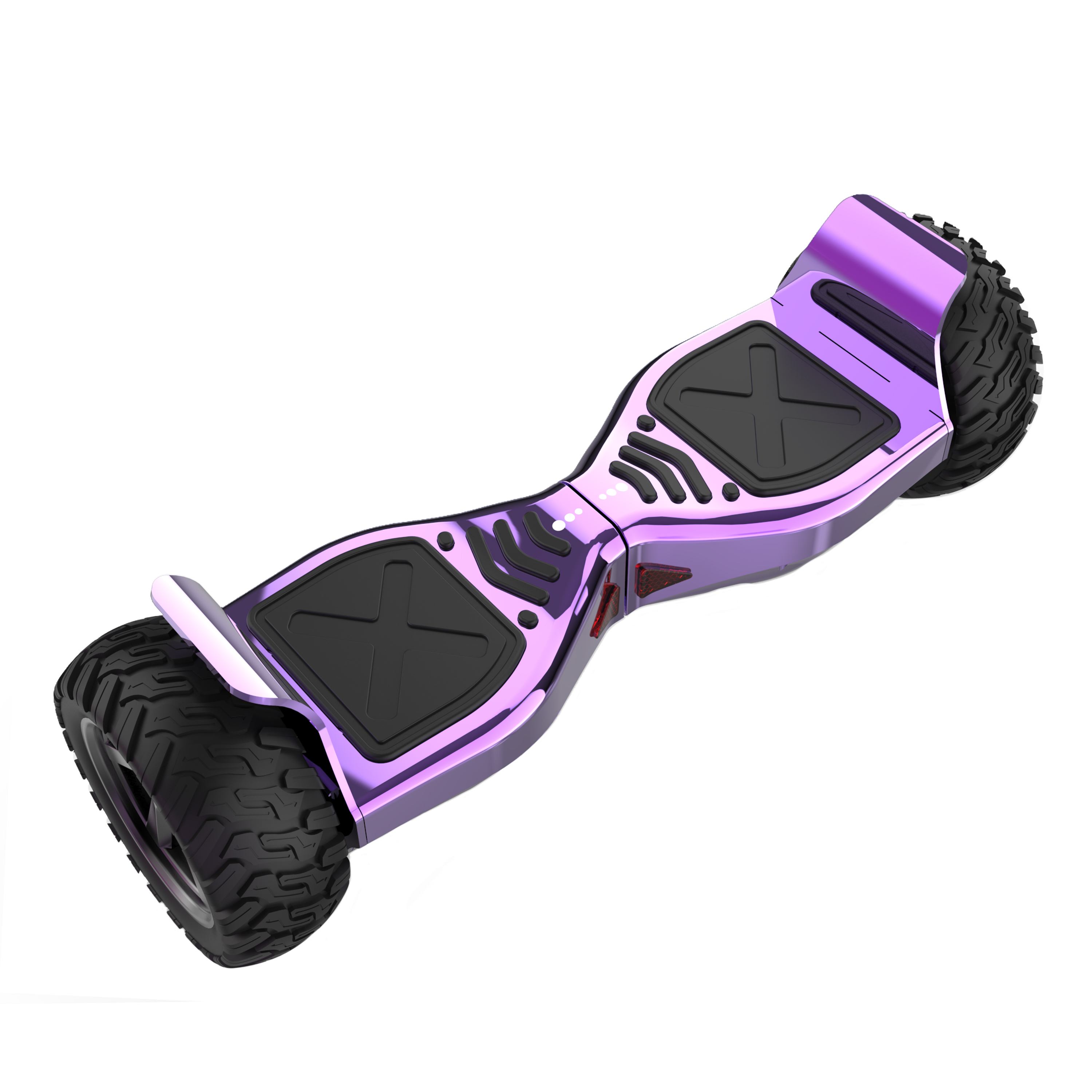 Ein lilafarbenes Hoverboard mit schwarzen Fußpolstern und großen schwarzen Reifen ist isoliert.
