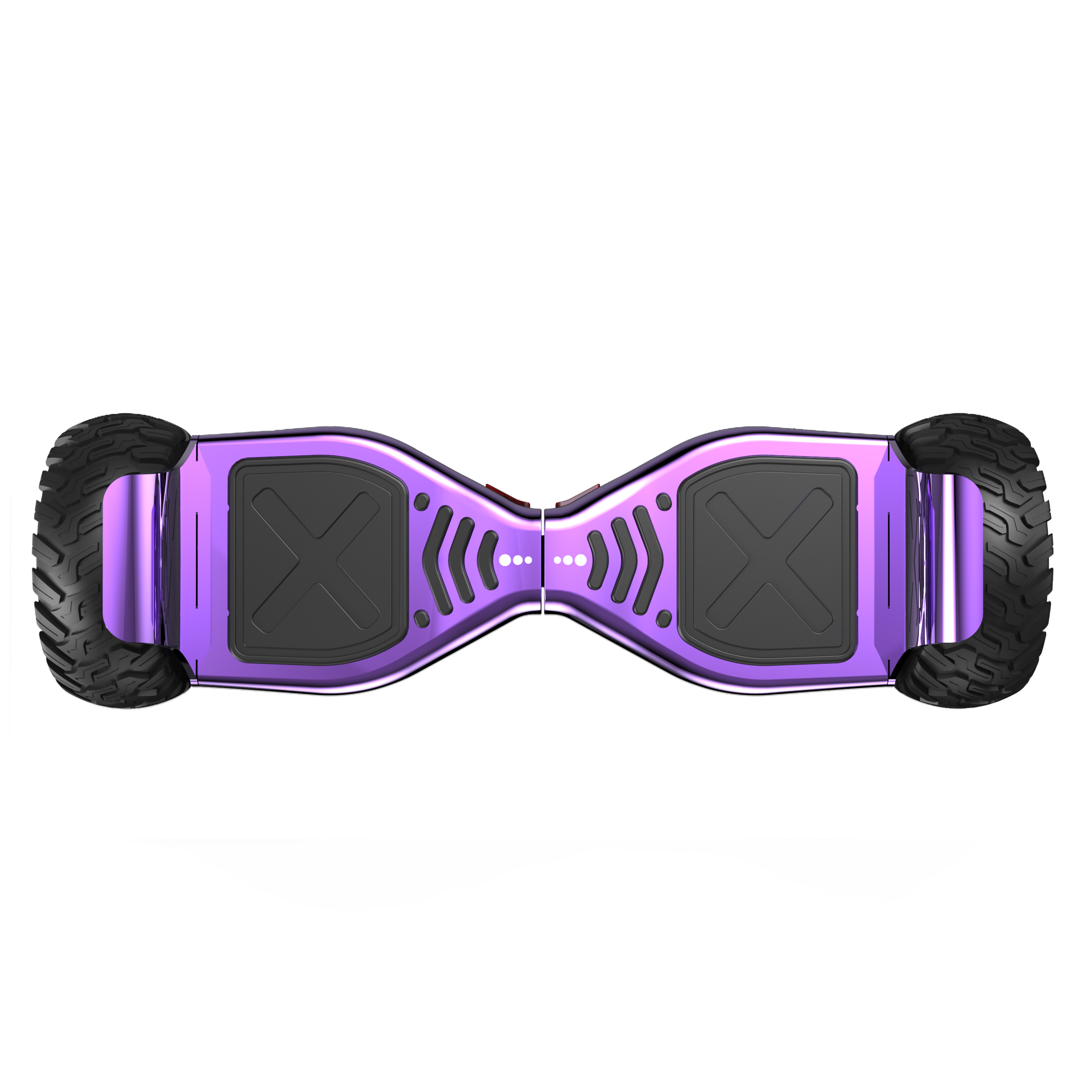 Ein lila Hoverboard mit schwarzen Reifen und Akzenten vor weißem Hintergrund.