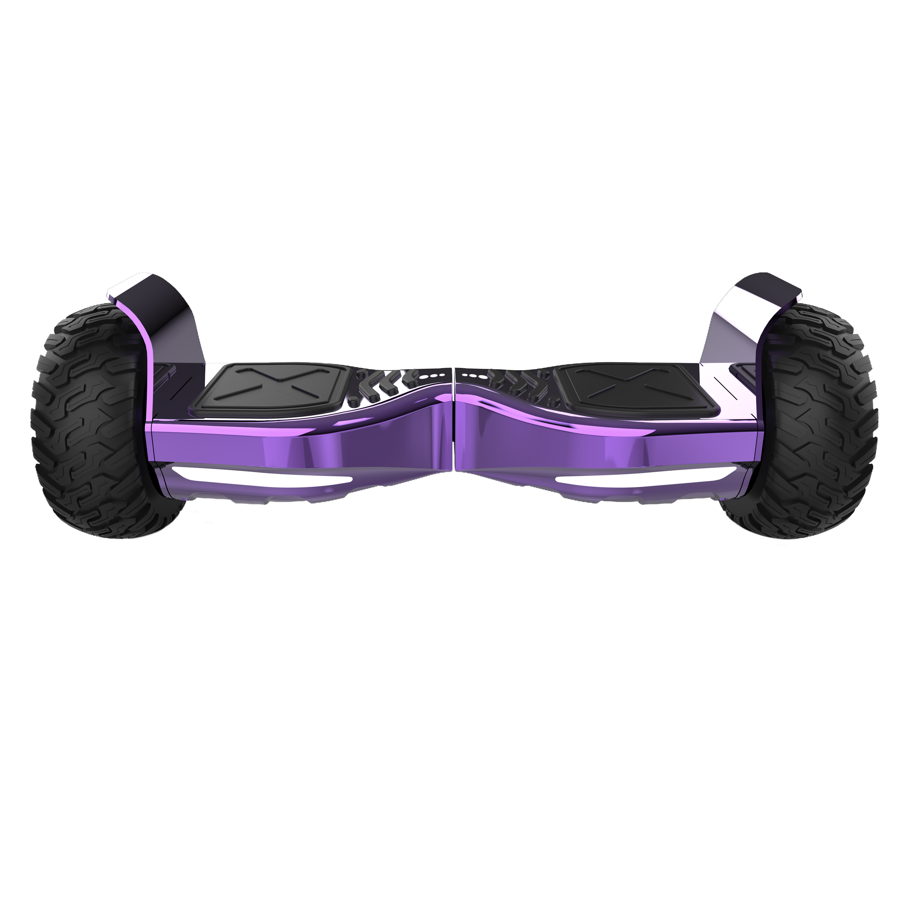 Ein lilafarbenes Hoverboard mit schwarzen Rädern. Es hat schwarze Fußpolster und ein glänzendes Metallic-Finish.