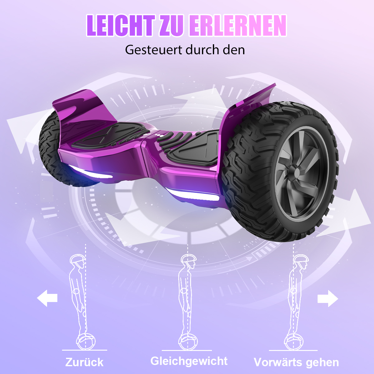 Ein lila Hoverboard wird mit Text oben angezeigt. Unten sind Diagramme, die Gleichgewicht und Richtung zeigen. Der Hintergrund ist ein Farbverlauf.