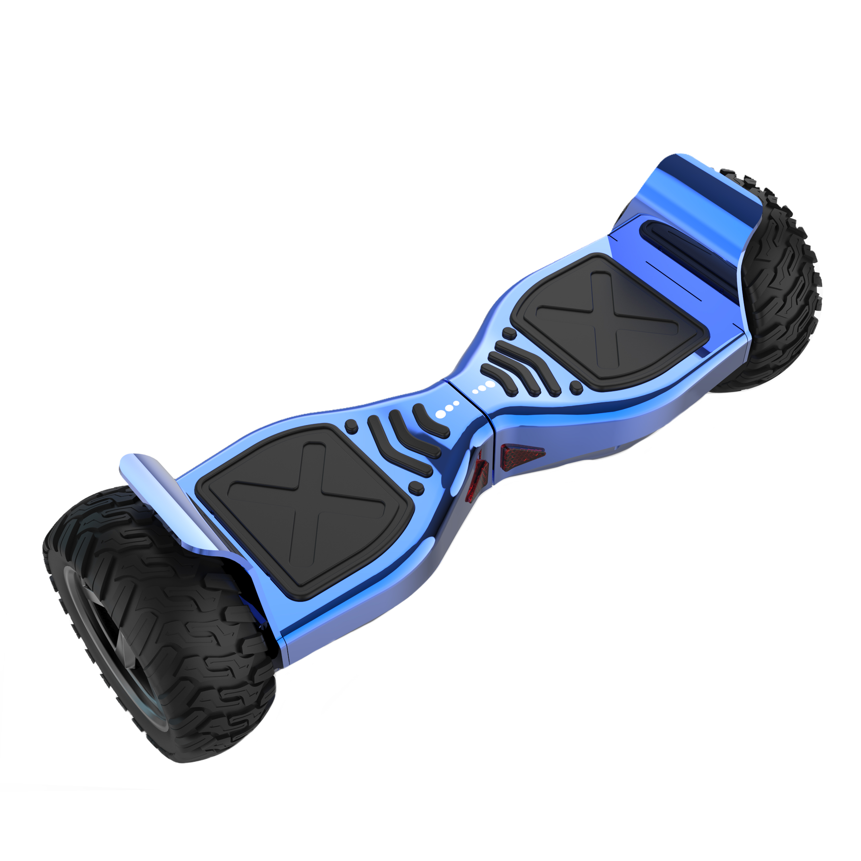 Blaues Hoverboard mit schwarzen Fußflächen und großen Reifen, isoliert auf weißem Hintergrund, Schrägansicht.