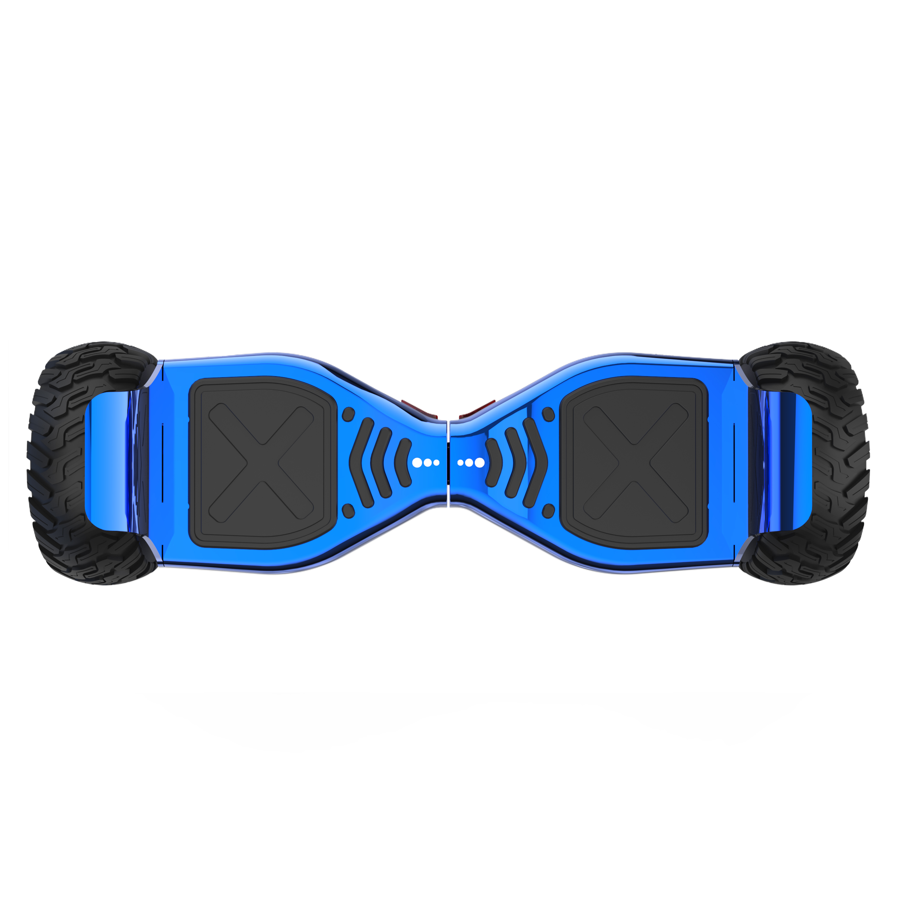 Ein blaues Hoverboard mit schwarzen Reifen und einer schwarzen Mitte, isoliert auf weißem Grund.