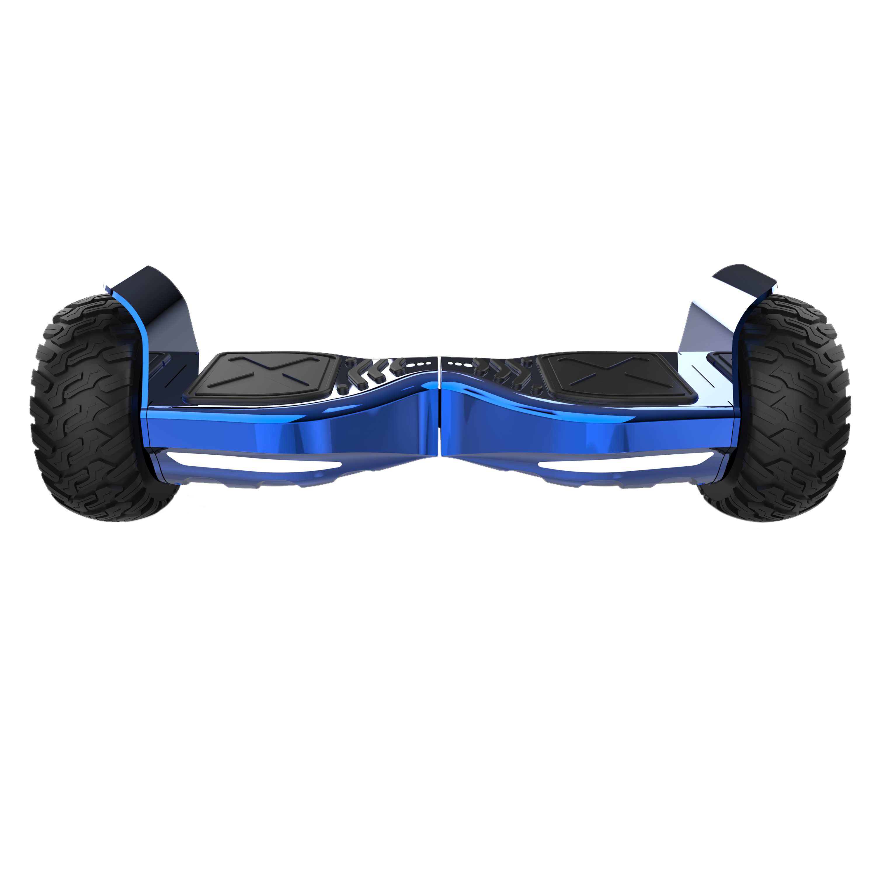 Een blauw hoverboard met zwarte banden, tegen een witte achtergrond.