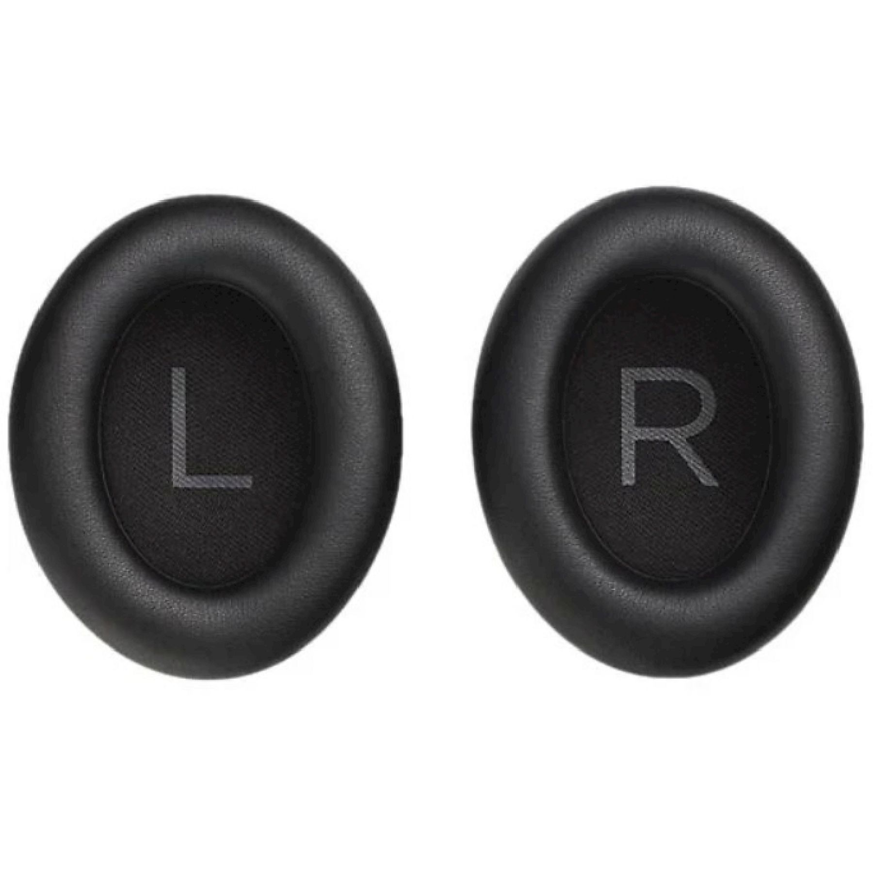Due padiglioni auricolari circolari neri, uno contrassegnato con 'L', l'altro con 'R', su sfondo bianco.