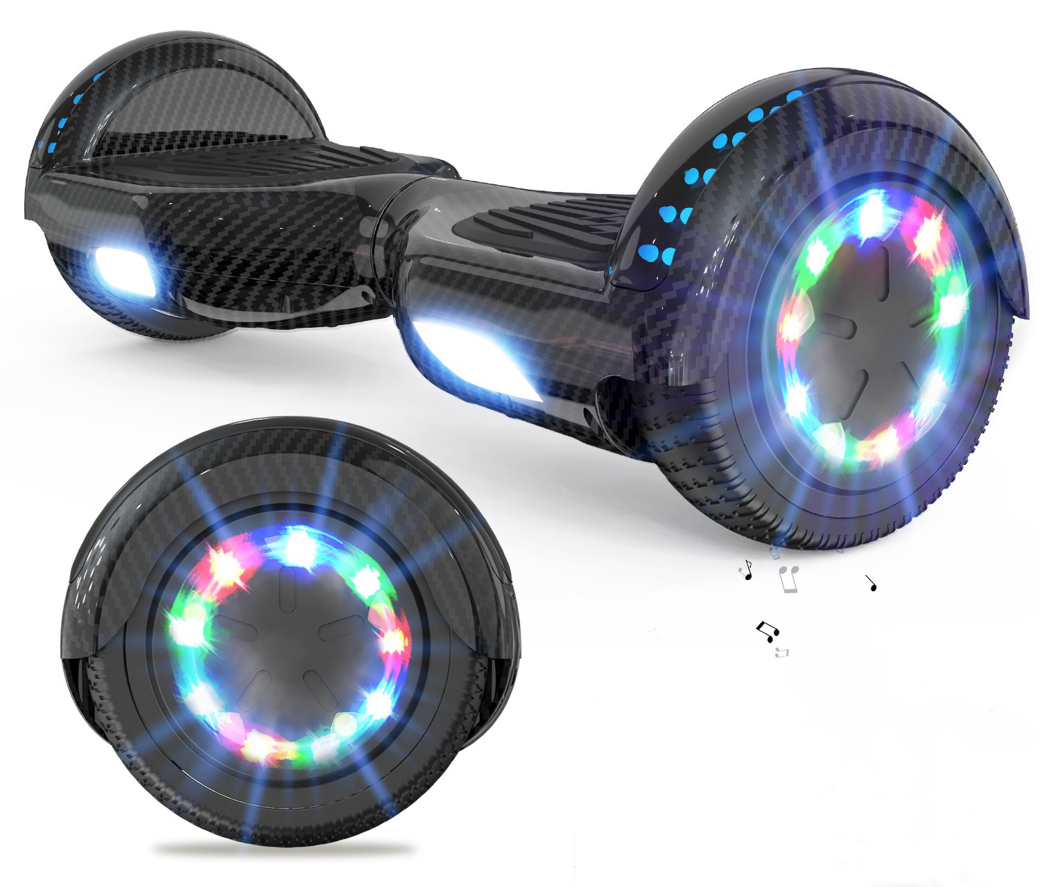 Un hoverboard negro con luces LED en las ruedas. Las ruedas muestran varios colores. Notas musicales alrededor.