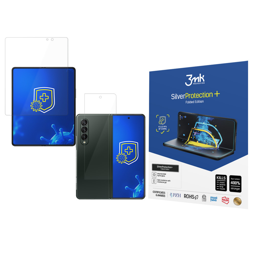 Un telefono pieghevole con protezione schermo e confezione del prodotto. La confezione riporta la scritta 'SilverProtection+' e le icone correlate.