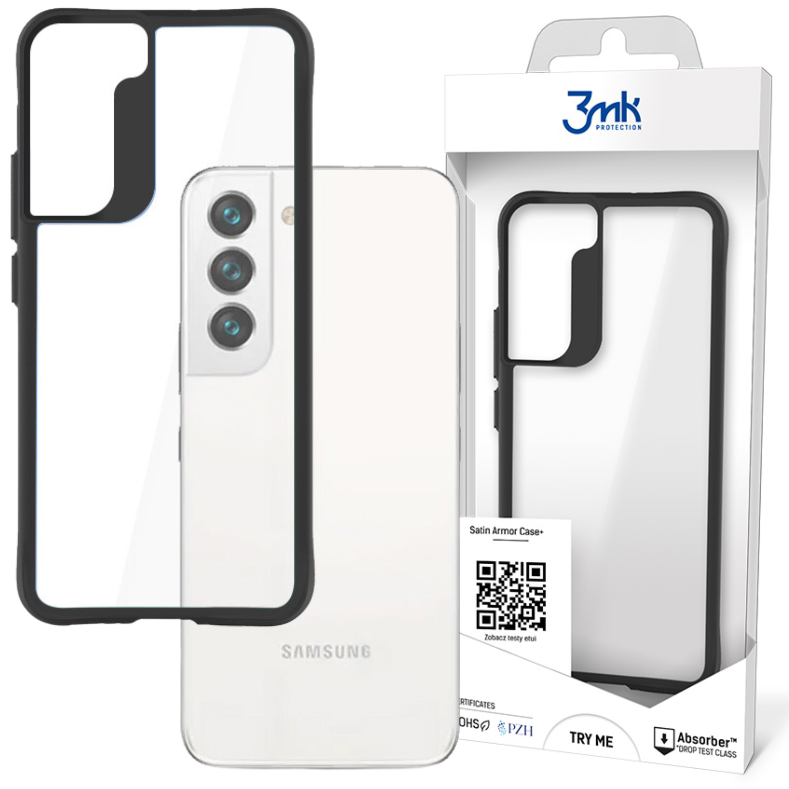 Wyświetlana jest obudowa telefonu i telefon. Obudowa jest czarna i przezroczysta. Telefon jest biały.