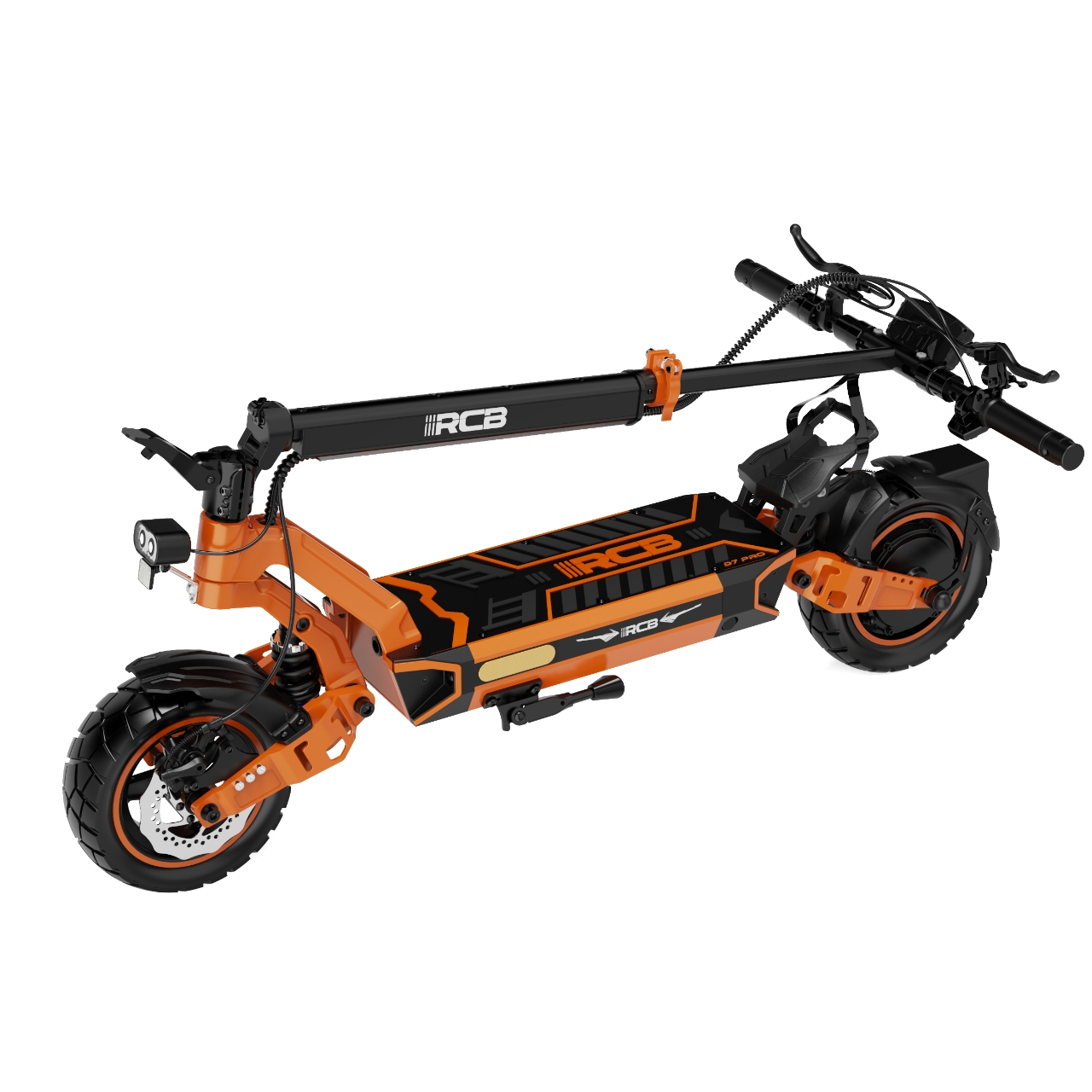 Ein orange-schwarzer Elektroroller auf weißem Untergrund. Er hat große Räder und ein faltbares Design. Der Markenname ist sichtbar.