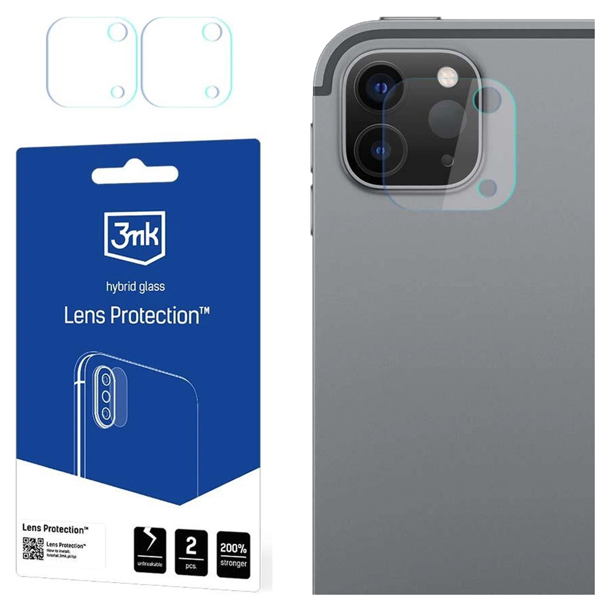 La imagen muestra un protector de teléfono con las lentes de la cámara del teléfono y un paquete protector.