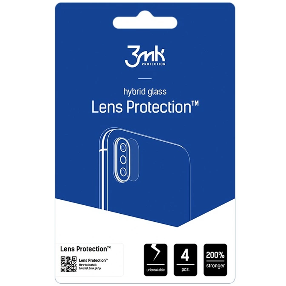 Una confezione blu mostra il logo '3mk' e 'Lens Protection'. Presenta il contorno di un telefono, icone e testo: 'infrangibile', '4 pezzi', '200% più forte'.