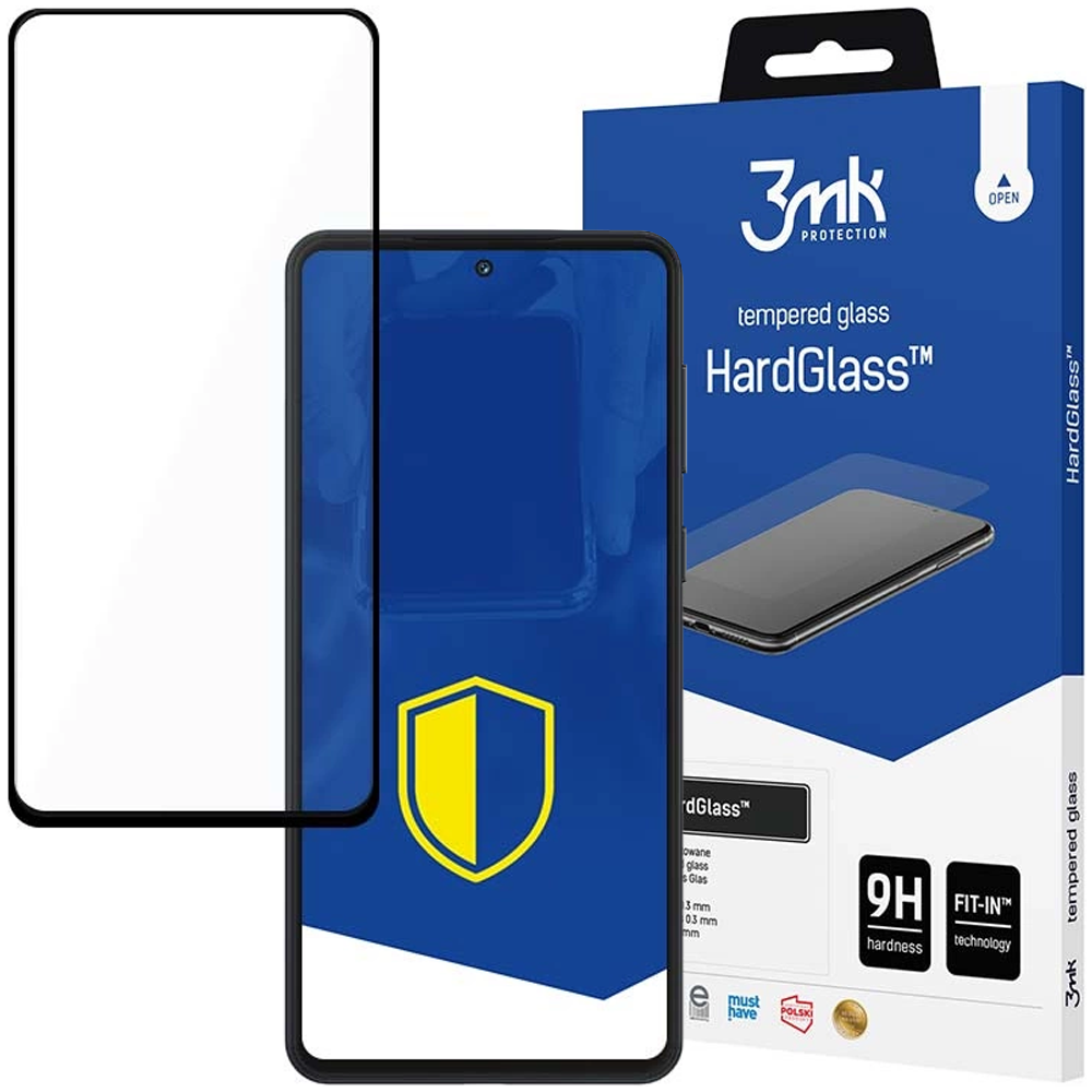 Un proteggi schermo e un telefono davanti a una scatola blu. La scatola pubblicizza vetro temperato HardGlass.
