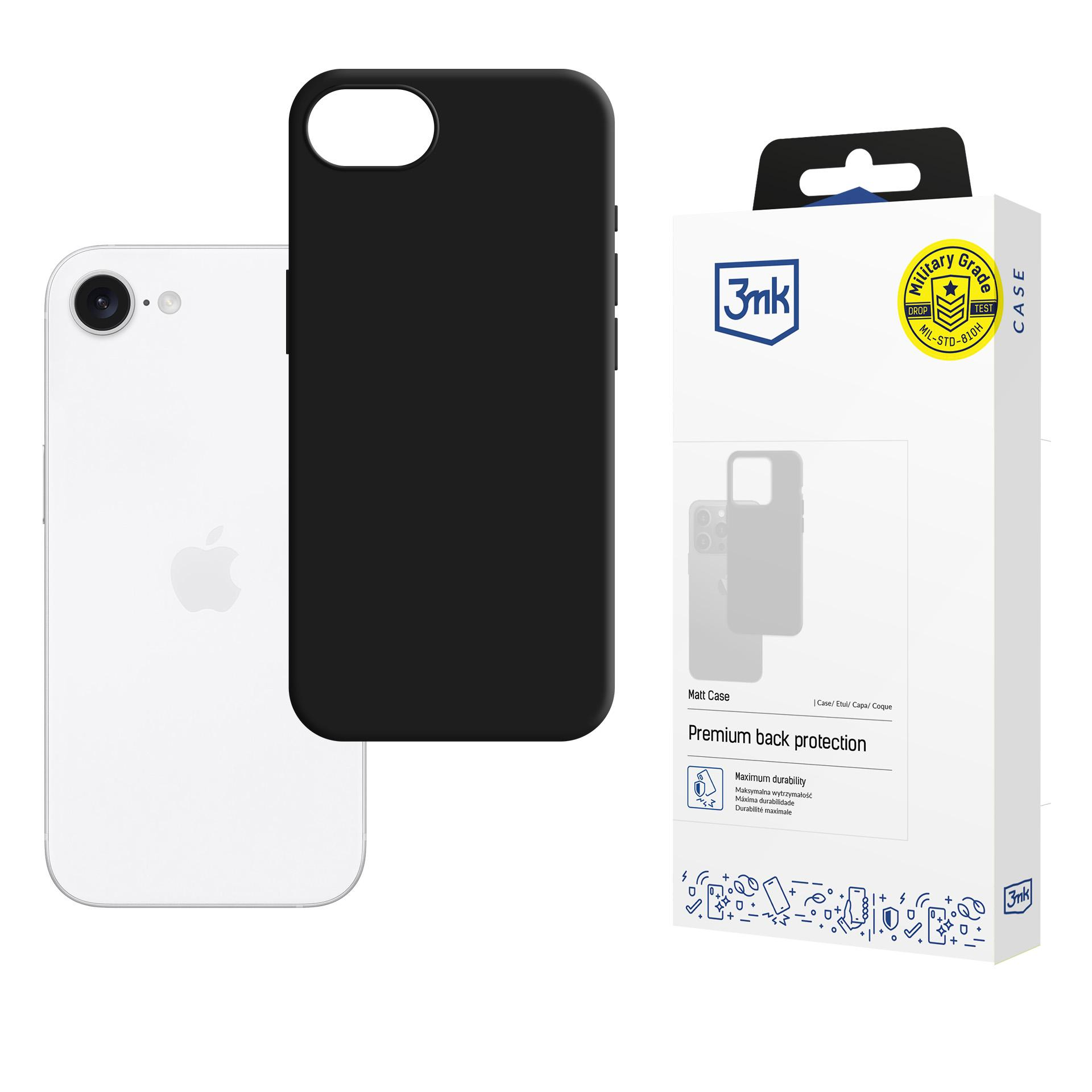 Biały iPhone z czarnym etui i pudełko 3mk z logo klasy wojskowej.