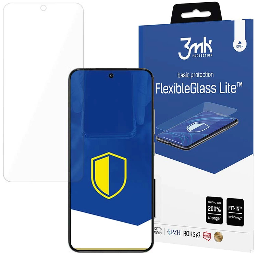 Un proteggi schermo, un telefono e una scatola blu con testo: FlexibleGlass Lite. Il proteggi schermo è trasparente, il telefono blu.