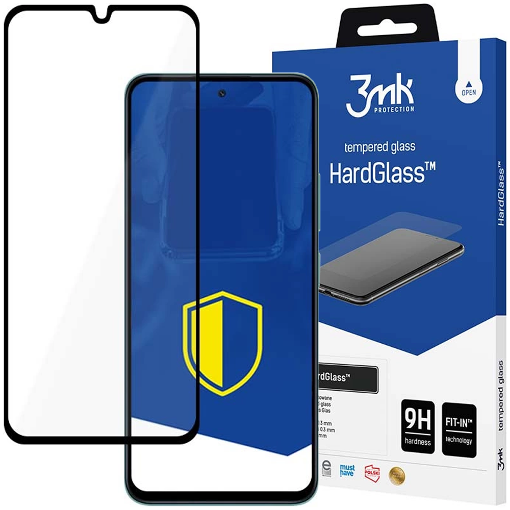 Wyświetlacz ochronny i telefon są wyświetlane. Pudełko pokazuje nazwę produktu. Ochraniacz jest przezroczysty z czarnymi krawędziami.