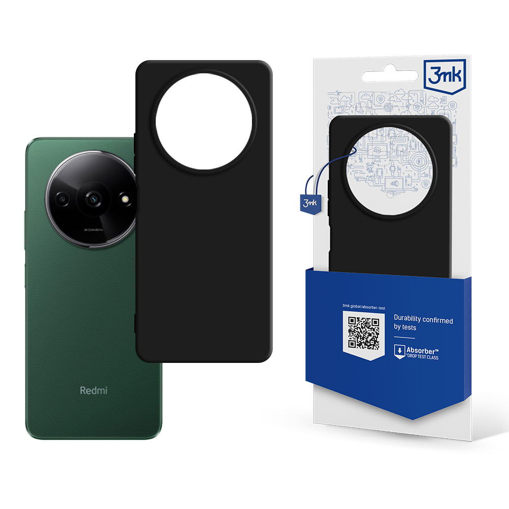 Un telefono Redmi verde accanto a una custodia nera e alla confezione. La custodia ha un grande foro per la fotocamera. La confezione mostra la durata.