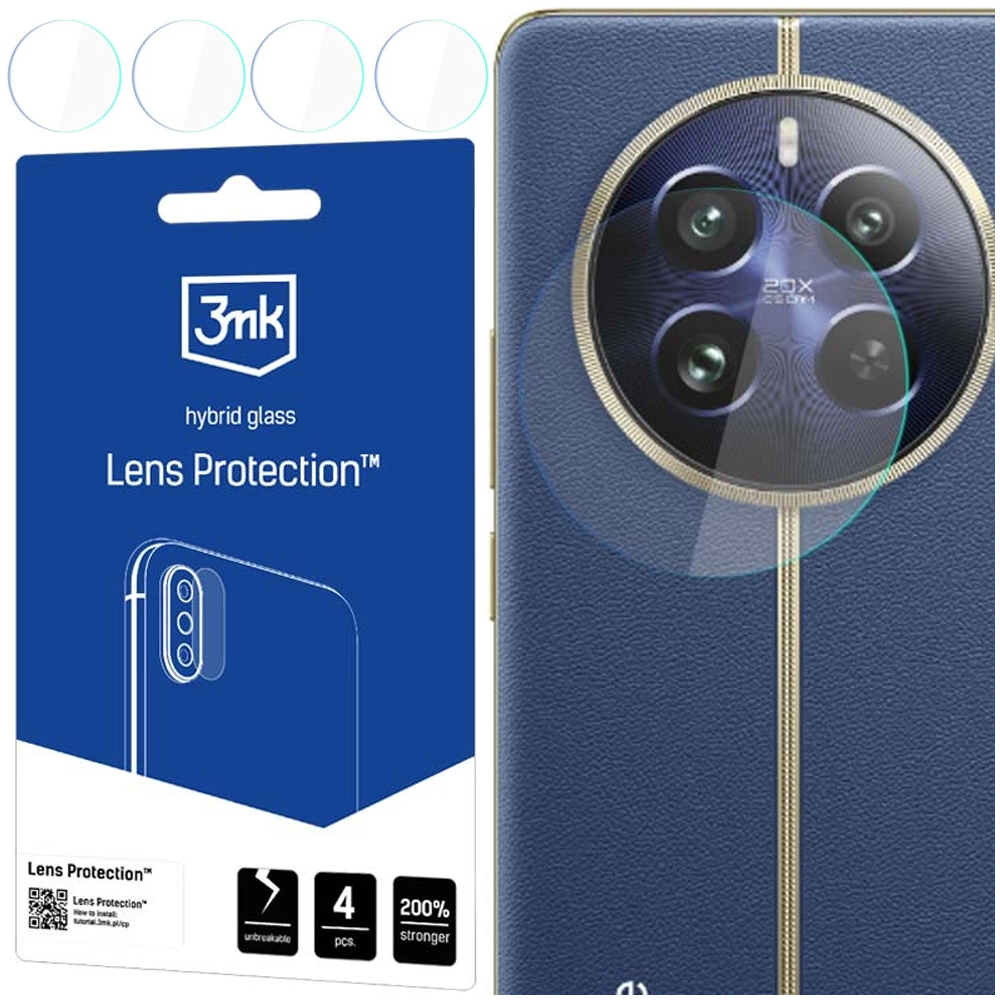 Un retro telefono con protezione fotocamera, confezione del prodotto e protezioni lenti. La confezione mostra 'Lens Protection'.