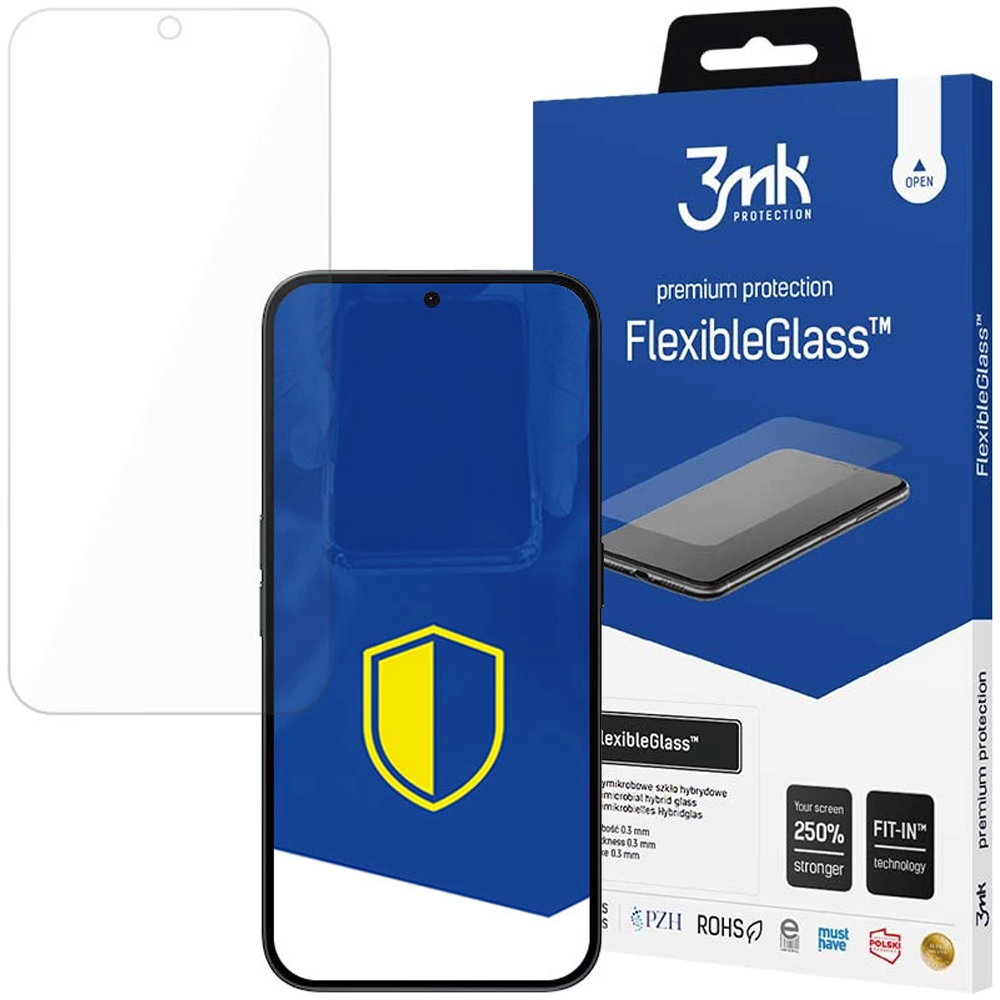 Un proteggi schermo, uno smartphone e una scatola prodotto con la scritta FlexibleGlass.