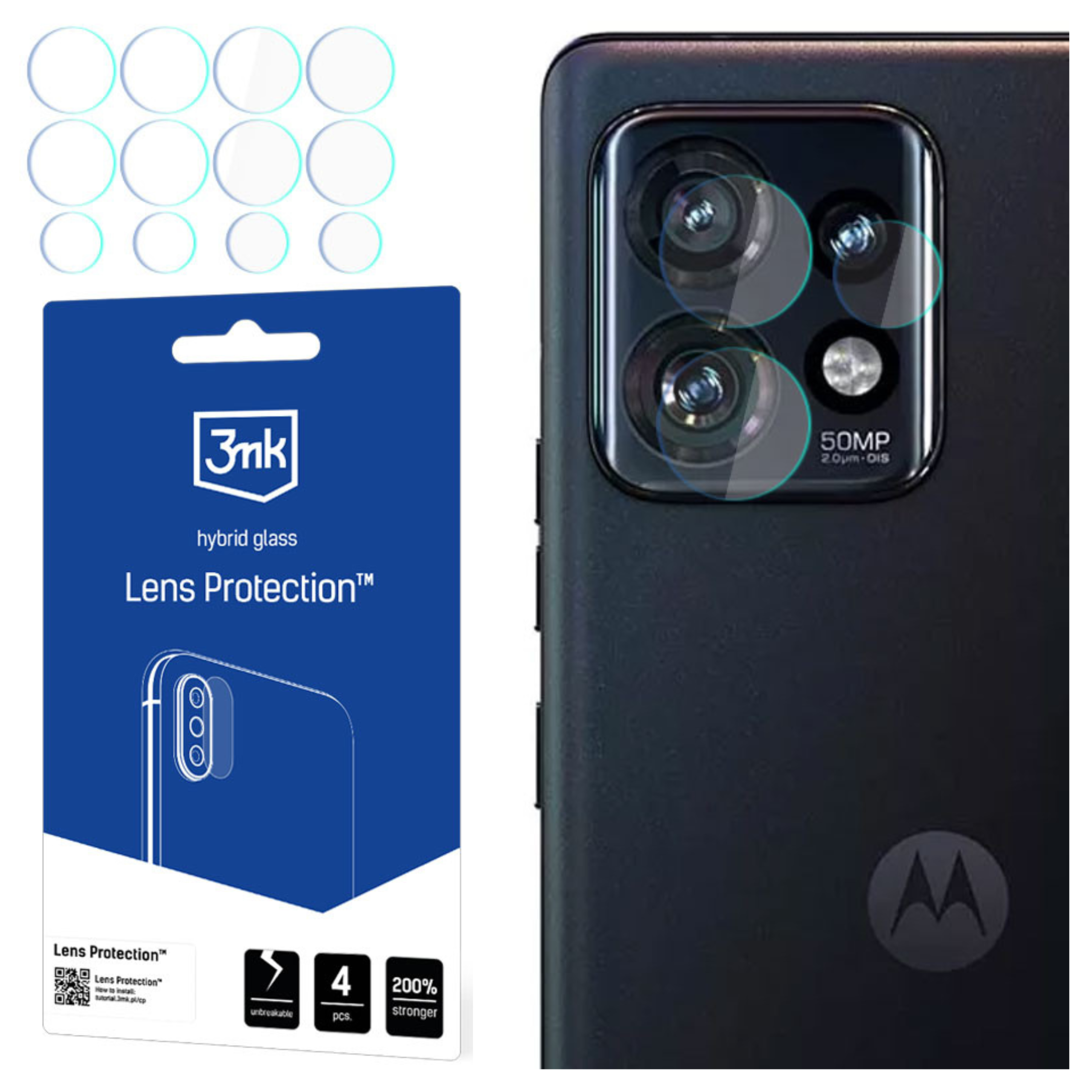 Se muestran un teléfono y protectores de lentes. El teléfono tiene lentes de cámara. La caja protectora es azul y blanca.