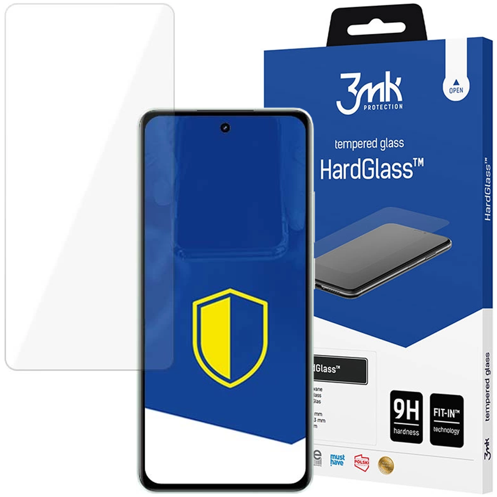 Un telefono con protezione schermo, una scatola con "HardGlass" e una protezione schermo trasparente sono esposti.