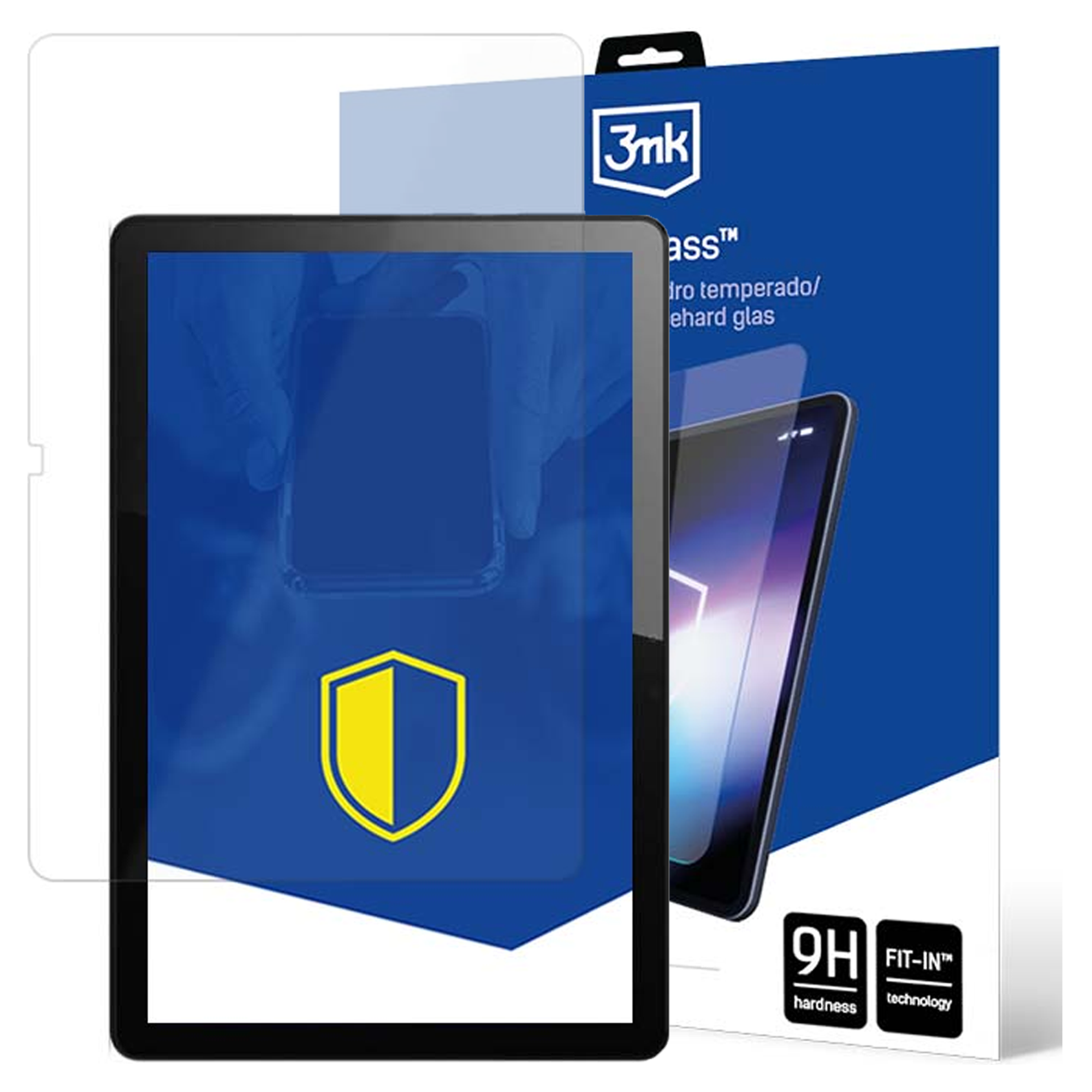 Scatola protezione schermo tablet. Sfondo blu con tablet e protezione, icona scudo giallo.