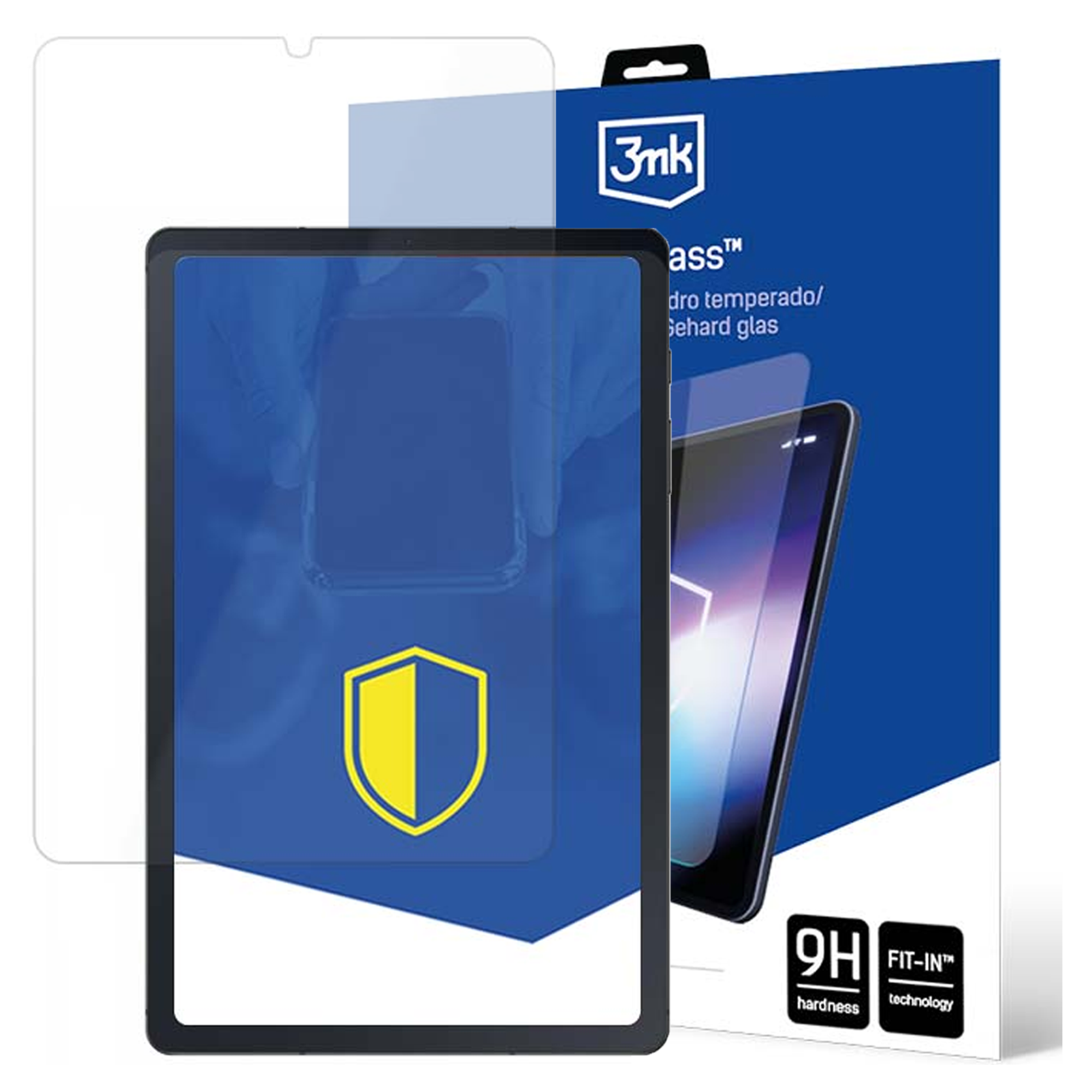 Ochraniacz ekranu tabletu z tabletem, niebieskim pudełkiem i logo tarczy. Na pudełku napis '3mk' i 'ass'.