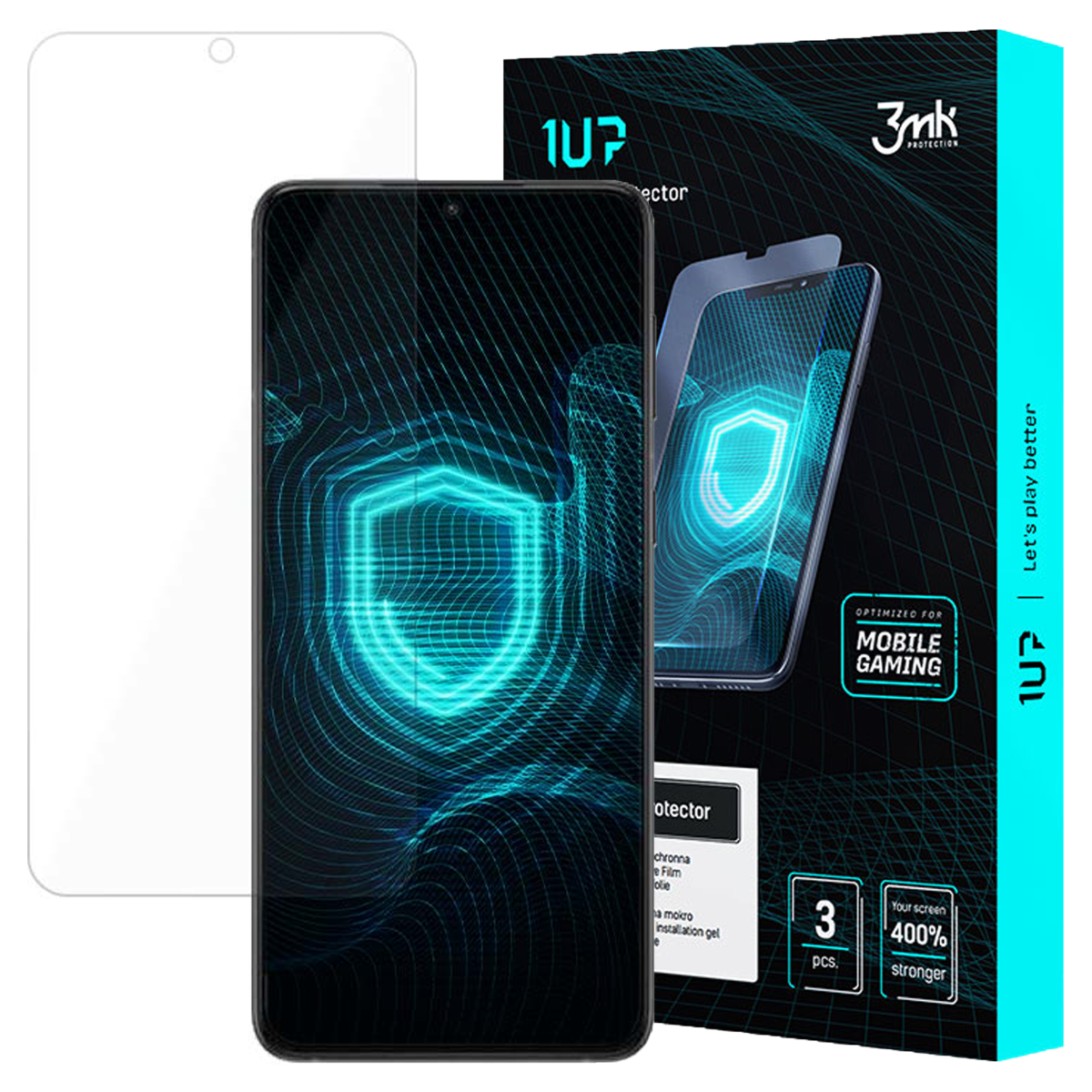 Ochraniacz ekranu telefonu, smartfon i pudełko produktu z marką. Pudełko ma tekst Zoptymalizowano pod kątem gier mobilnych.