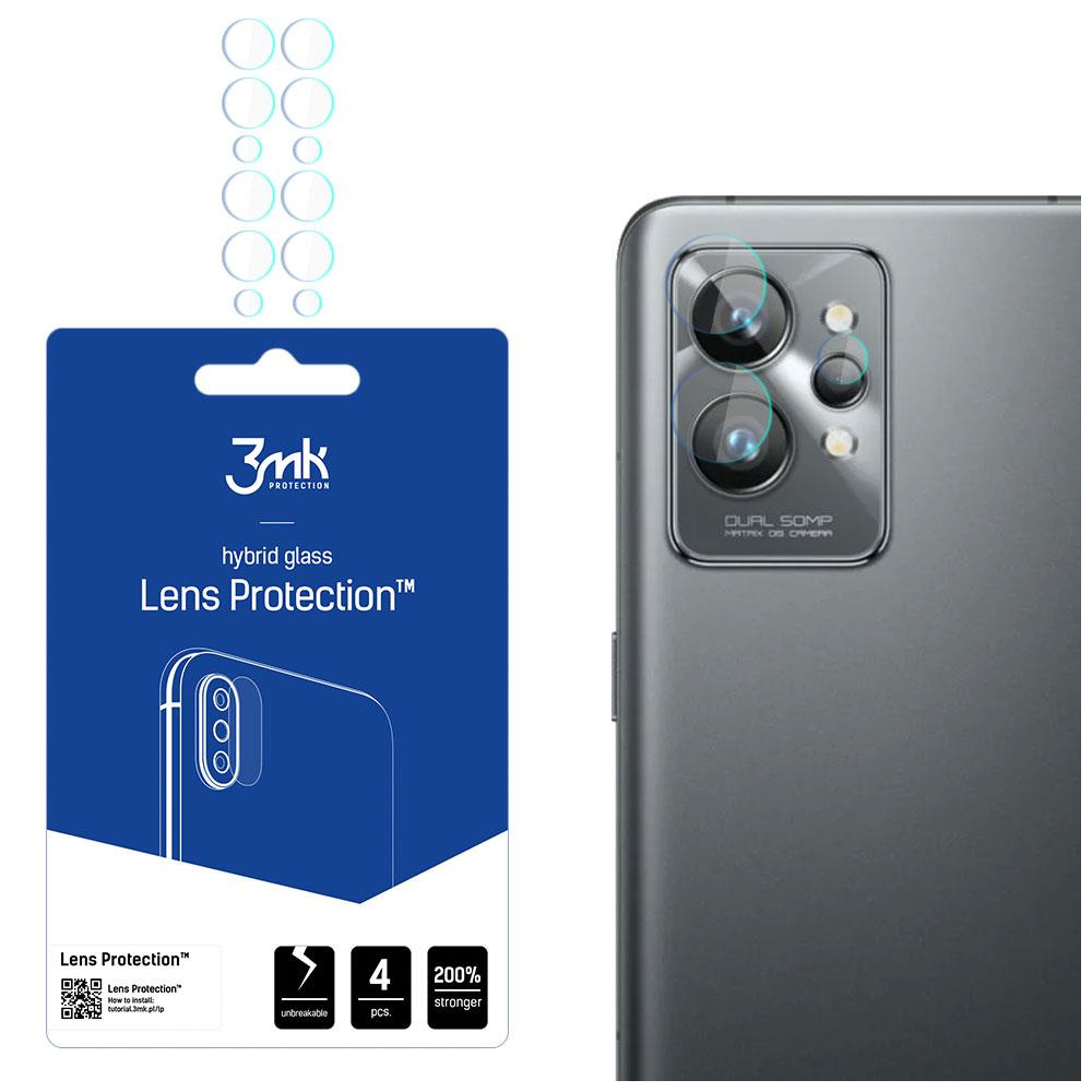 L'immagine mostra un telefono con protezioni per lenti. La confezione dice 'Lens Protection'. Il telefono ha tre lenti della fotocamera.