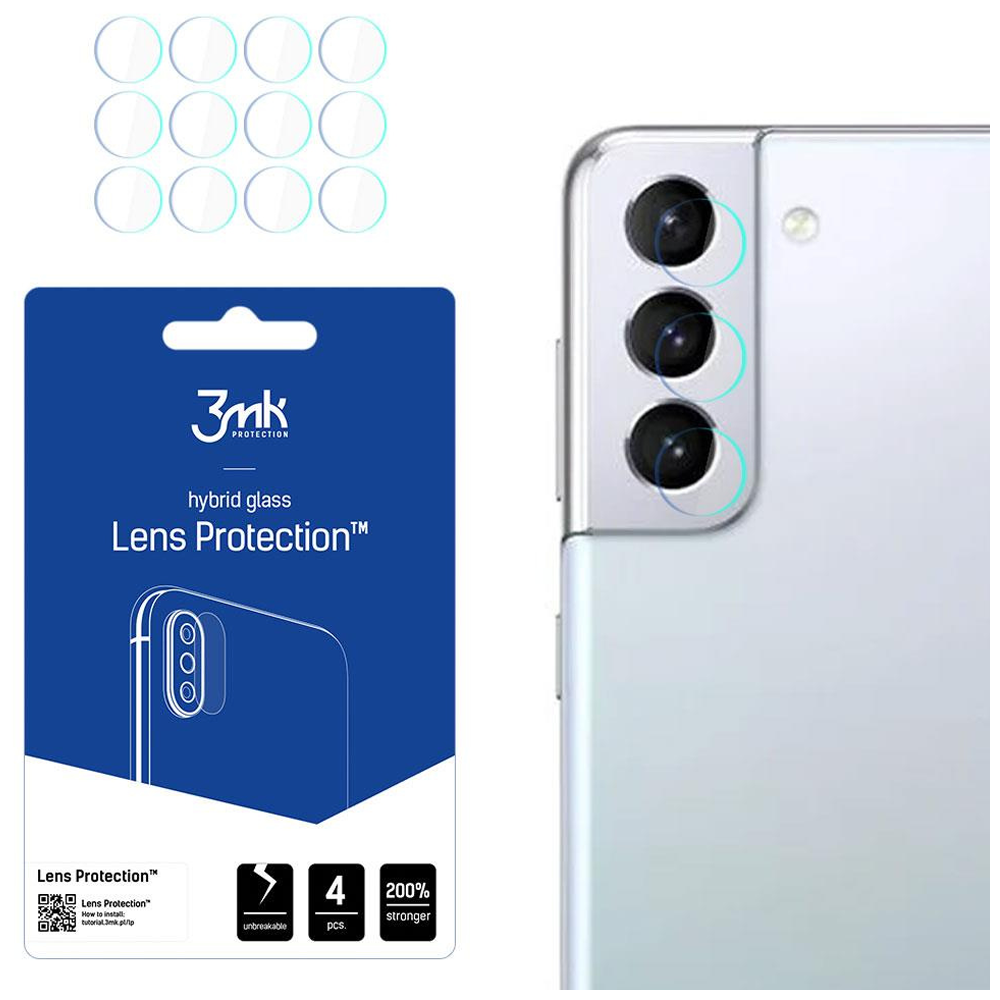 L'immagine mostra protezioni per lenti, un telefono e la confezione. Le protezioni sono trasparenti, la confezione blu. Il telefono ha tre lenti.