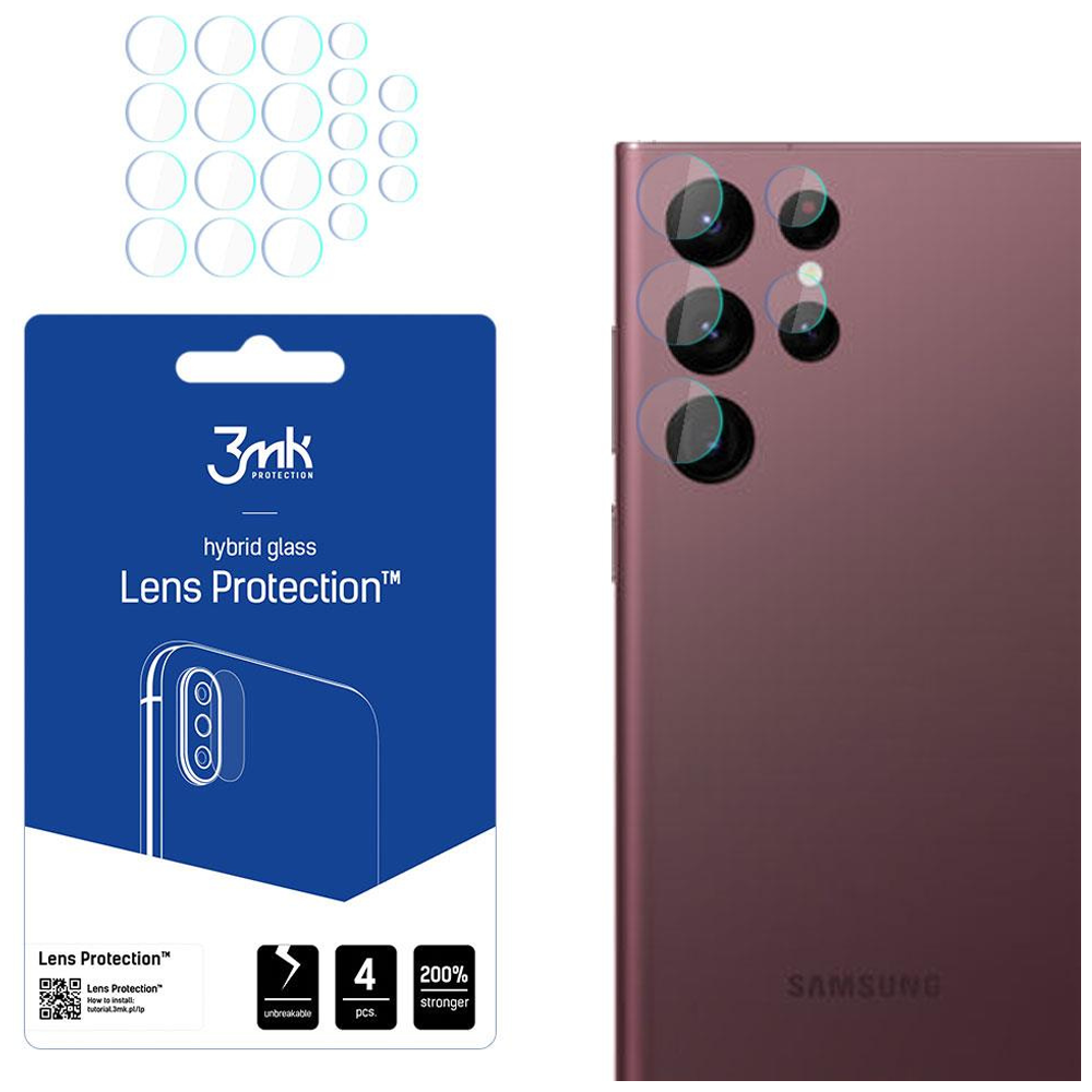 Telefon z osłonami obiektywu, pakiet 3mk Lens Protection i kilka osłon obiektywu na białym tle.