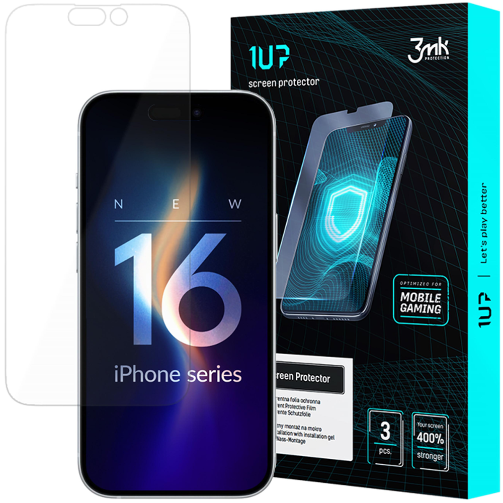Un kit di protezione dello schermo del telefono. Presenta un telefono, un proteggi schermo e una scatola con informazioni sul prodotto. La scatola dice 'iPhone series'.