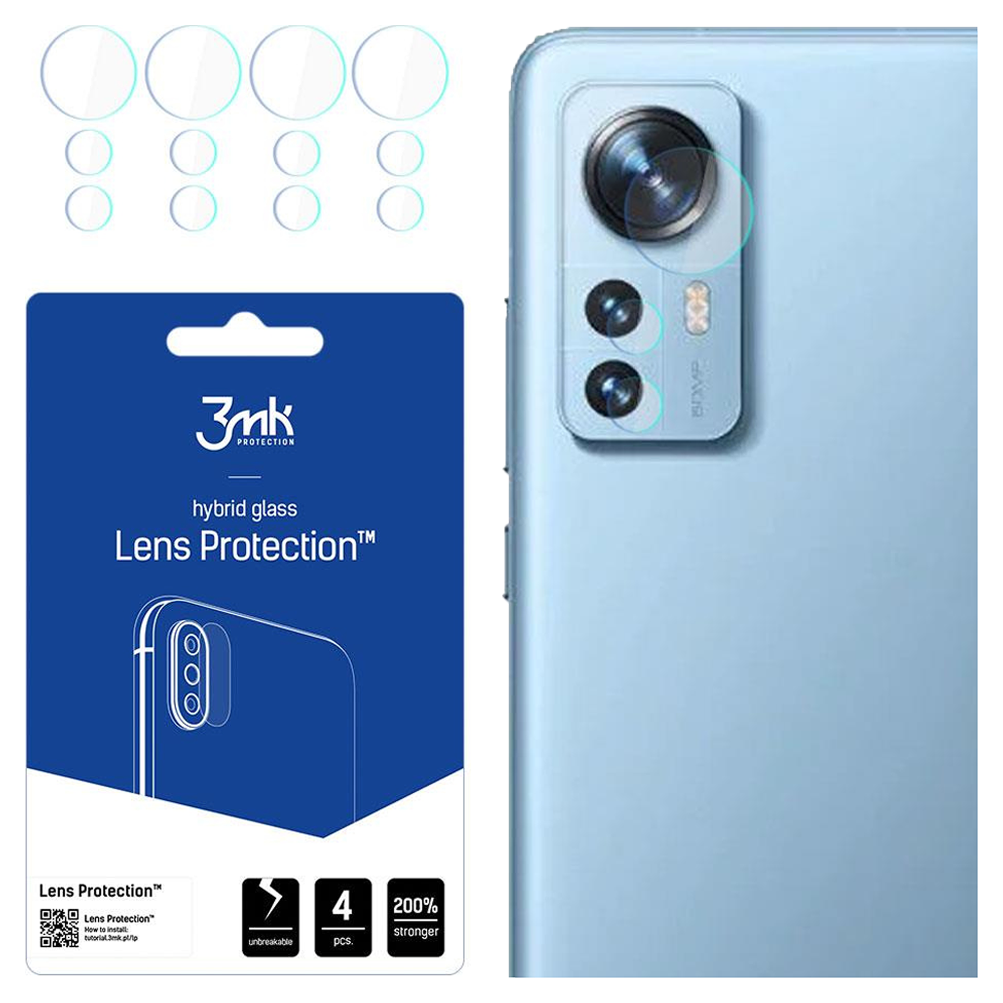 Un telefono con protezioni per lenti della fotocamera, una confezione di protezione per lenti e le lenti della fotocamera del telefono.