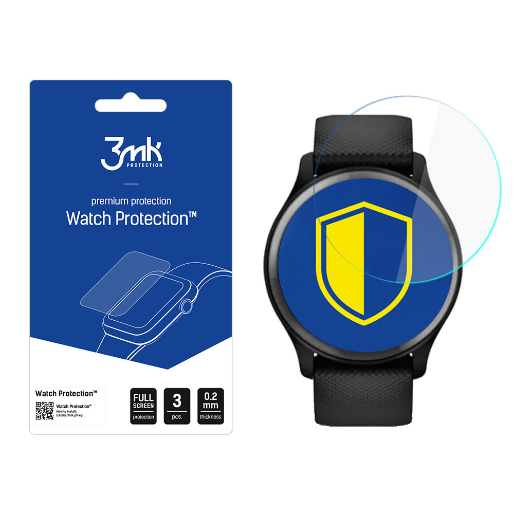 Un orologio con una protezione per lo schermo, accanto a una confezione con una protezione per lo schermo. L'orologio ha uno scudo blu e giallo.