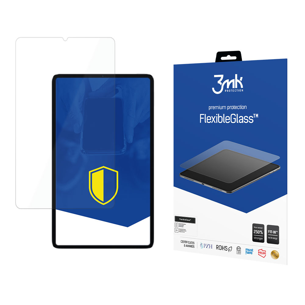 Un proteggi schermo, un tablet con una grafica a scudo e una scatola blu con informazioni sul prodotto e il logo FlexibleGlass.