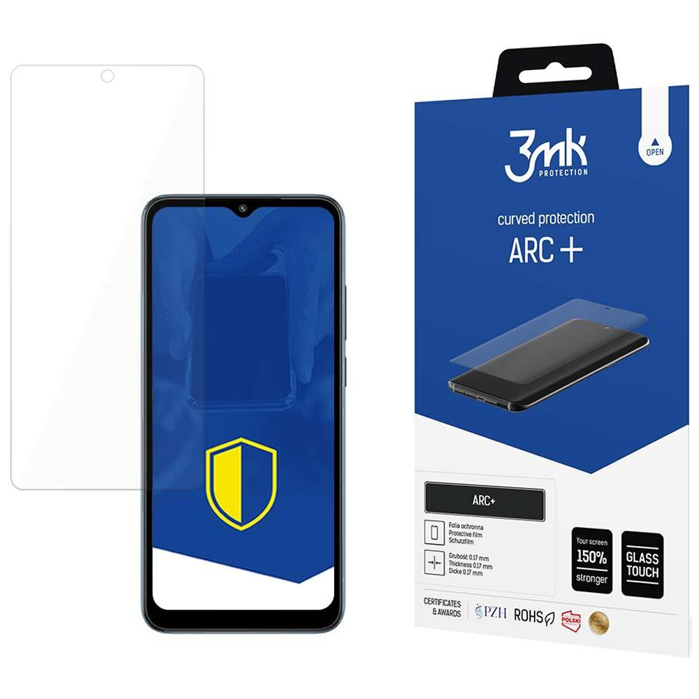 Telefon z ochraniaczem ekranu i opakowaniem. Telefon jest czarny. Opakowanie ma napisy "3mk" i "ARC+".