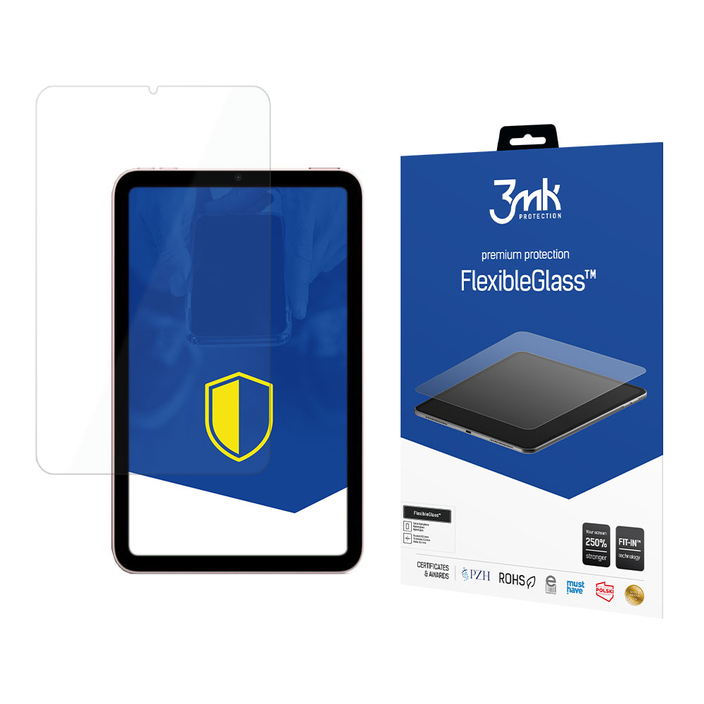 Tablet z ochraniaczem ekranu, pudełko z marką '3mk' i logo tarczy na niebieskim tle.