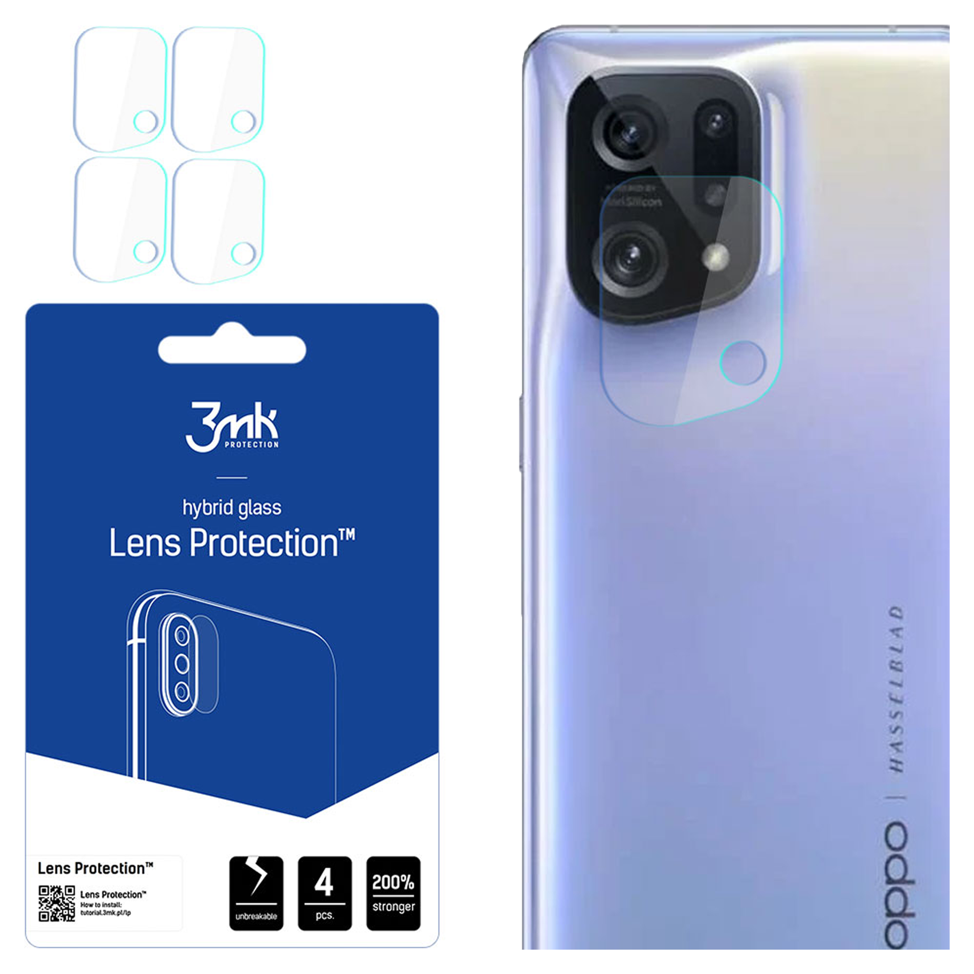 L'immagine mostra protezioni per lenti, un telefono e una confezione. I protettori sono trasparenti, il telefono è viola e la confezione è blu.