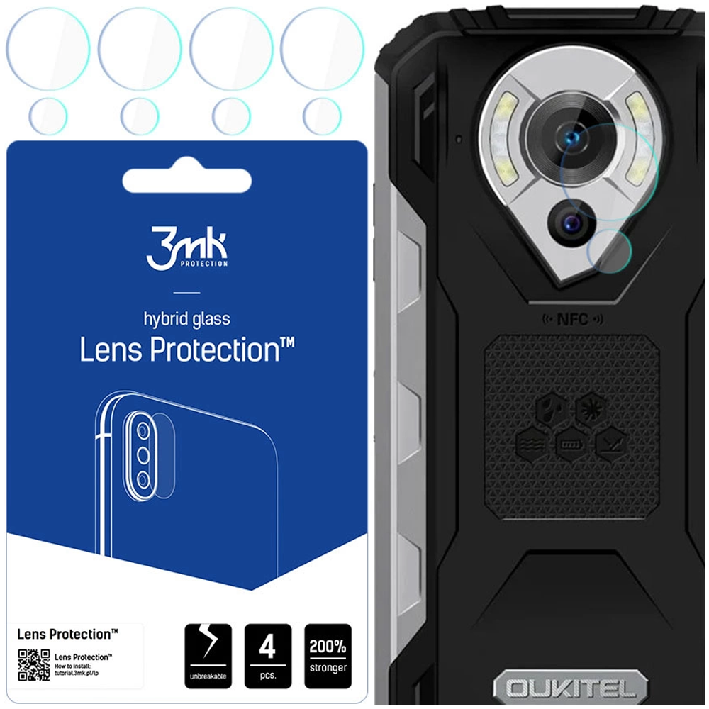 Sono mostrati un telefono e protezioni per lenti. Le protezioni sono in una confezione con scritto "Lens Protection". Il retro del telefono è visibile.
