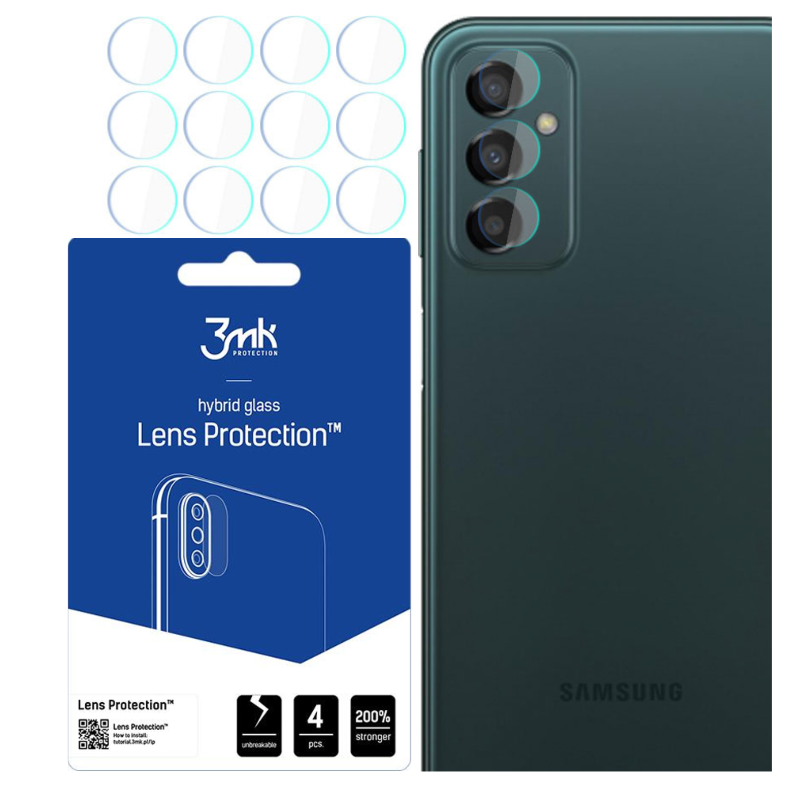 Sono mostrati un telefono e protezioni per lo schermo. Le protezioni sono rotonde e trasparenti, il telefono è verde.