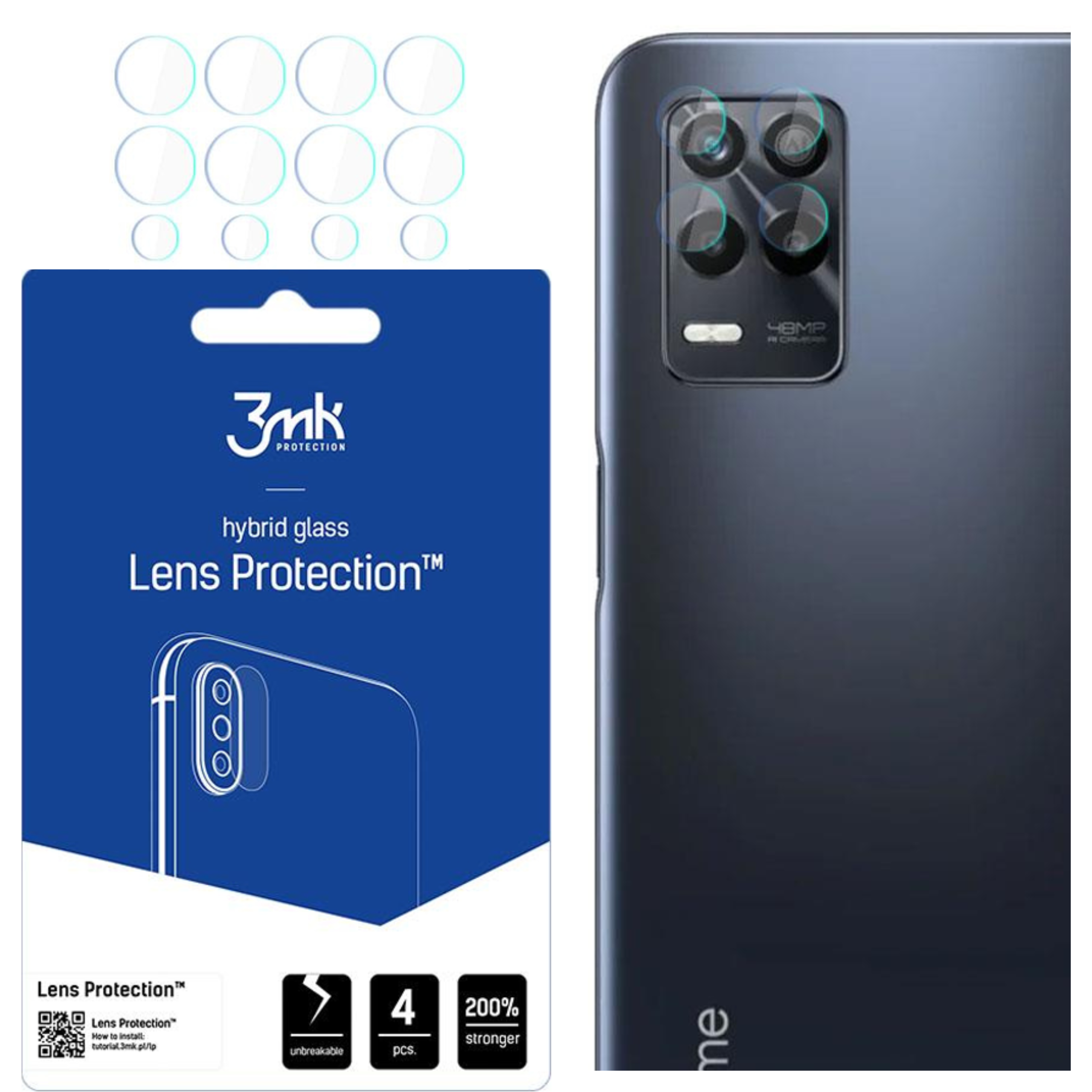 L'immagine mostra un telefono con protezioni per lenti. Sulla confezione c'è scritto 'Lens Protection'. Il prodotto è per 4 lenti e più resistente del 200%.
