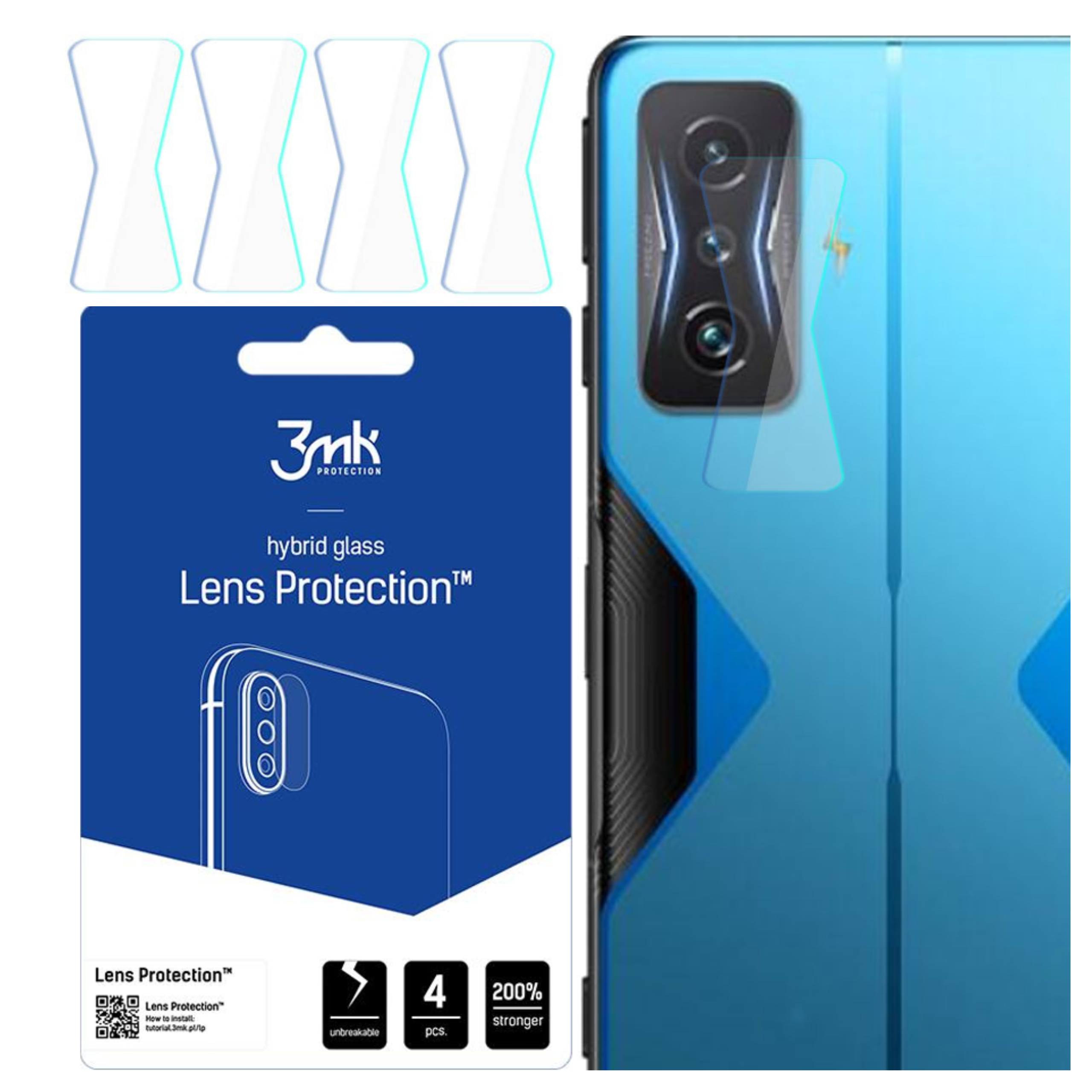 L'immagine mostra protezioni per lenti del telefono, confezione e un telefono. Sono presenti colori blu e bianco.