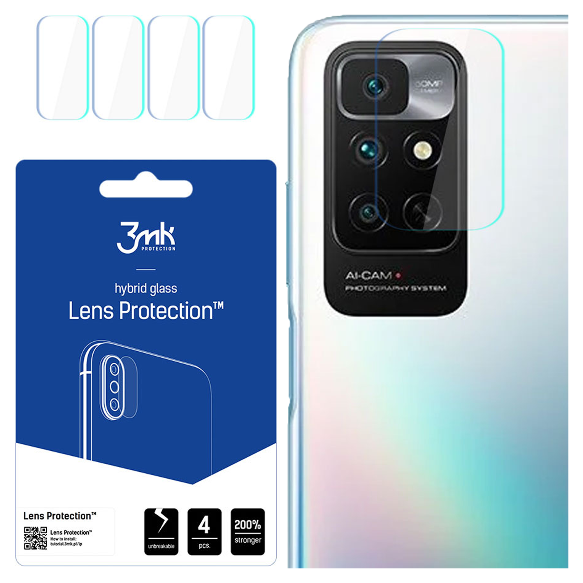 Sono visualizzati un telefono e protezioni per lenti. Le protezioni sono trasparenti e una confezione blu mostra i dettagli del prodotto.